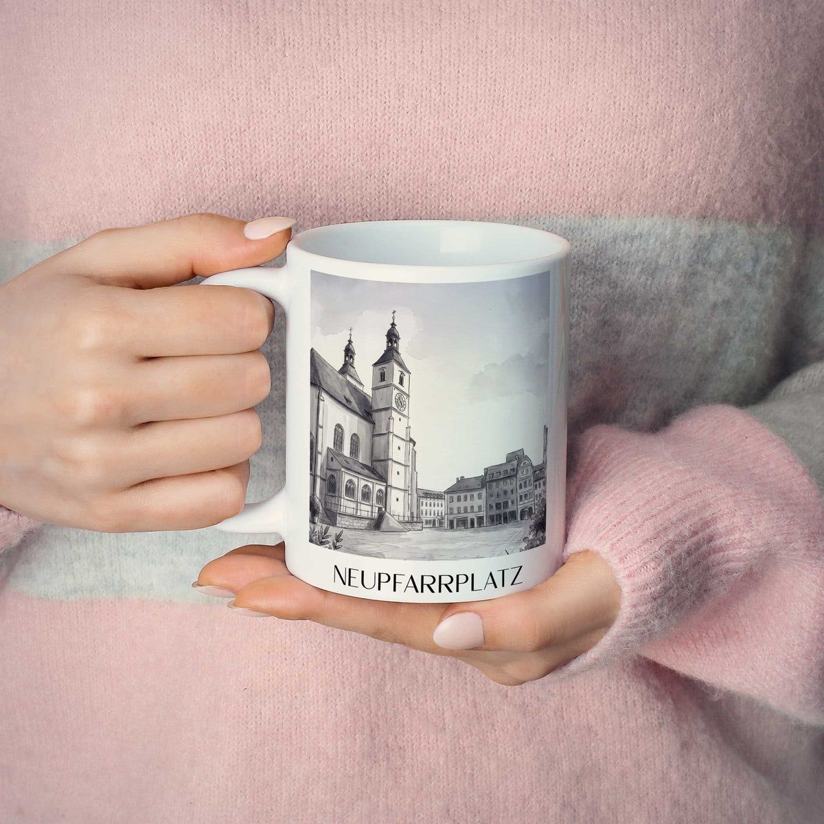 neupfarrplatz-regensburg-deutschland-kaffeebecher-aquarell-schwarz-weiss
