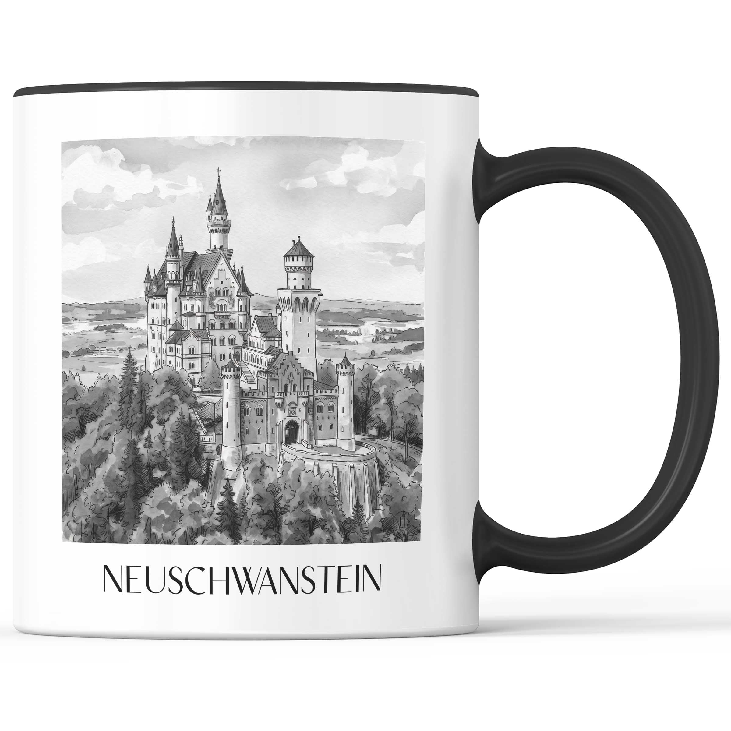 Neuschwanstein - Deutschland Becher - Kaffeetasse im Aquarell Schwarz-Weiß Stil - favplace