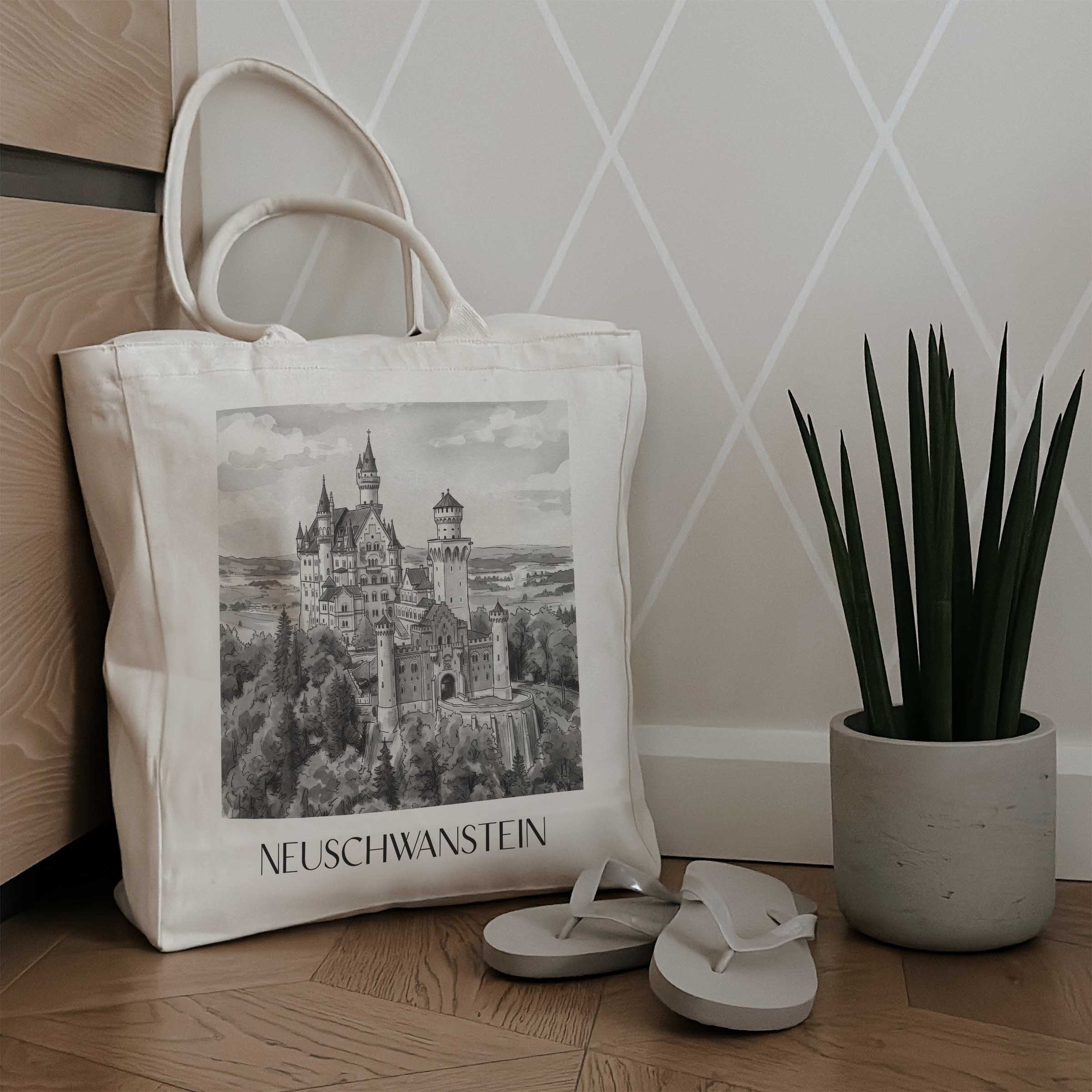 neuschwanstein-deutschland-einkaufstasche-aquarell-schwarz-weiss