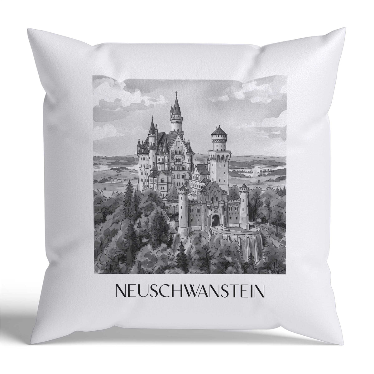 Neuschwanstein Kissenhülle - Zierkissen Bezug - Deutschland - Deutschland Kissen bzw. Kissenbezug im Aquarell Schwarz-Weiß Stil - favplace