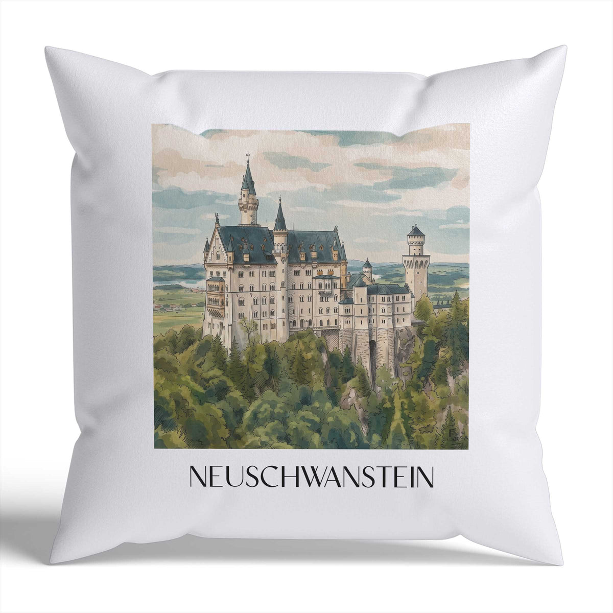Neuschwanstein Kissenhülle - Zierkissen Bezug - Deutschland - Deutschland Kissen bzw. Kissenbezug im Aquarell Stil - favplace