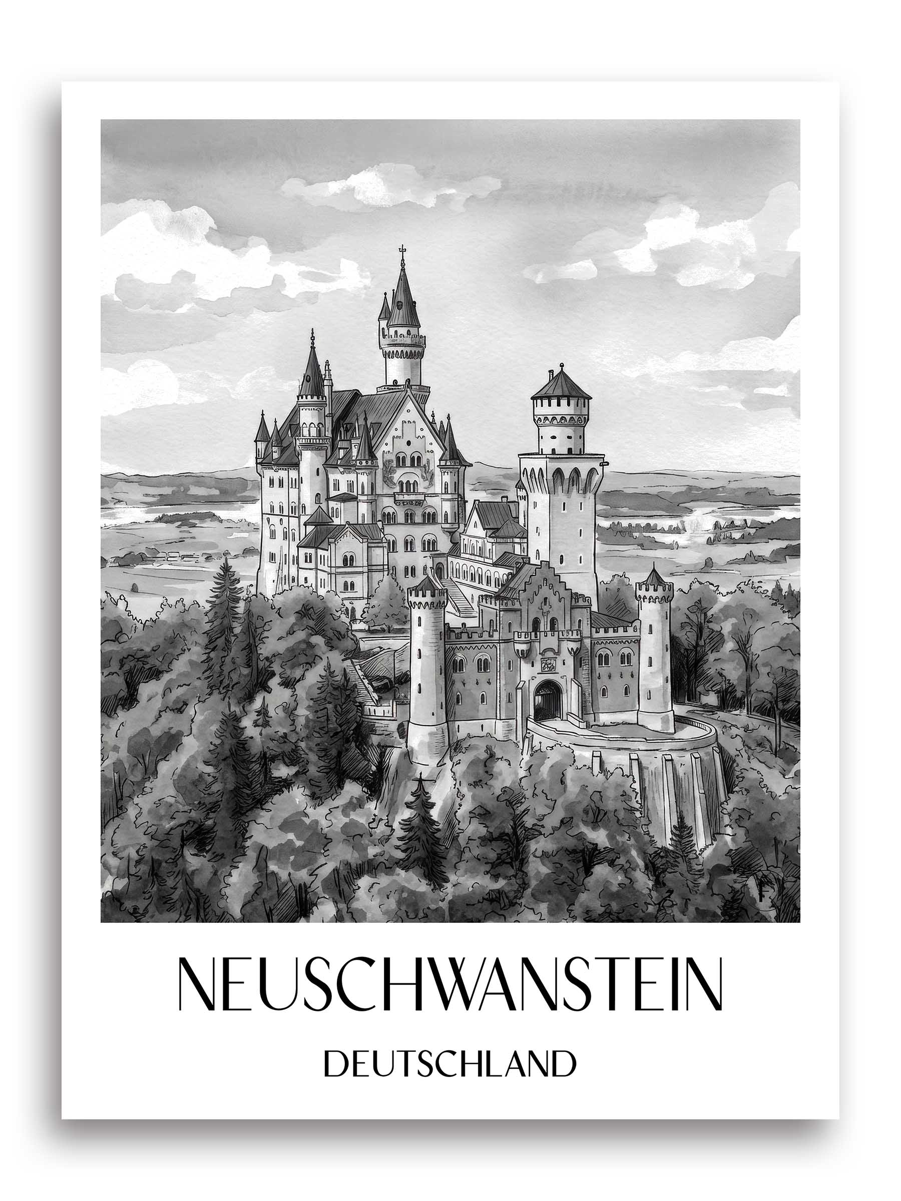 neuschwanstein-deutschland-poster-aquarell-schwarz-weiss