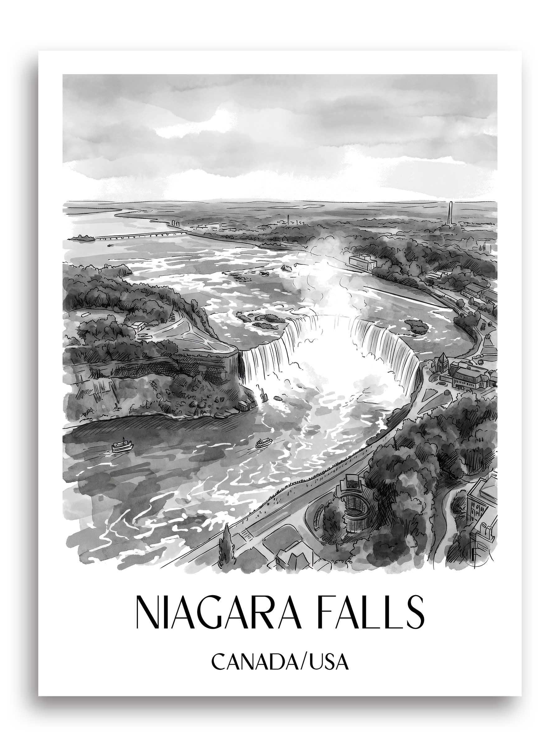 Niagara Fälle Poster - - Kanada/USA Kunstdruck - Aquarell Schwarz-Weiß von A4 bis A1 - favplace