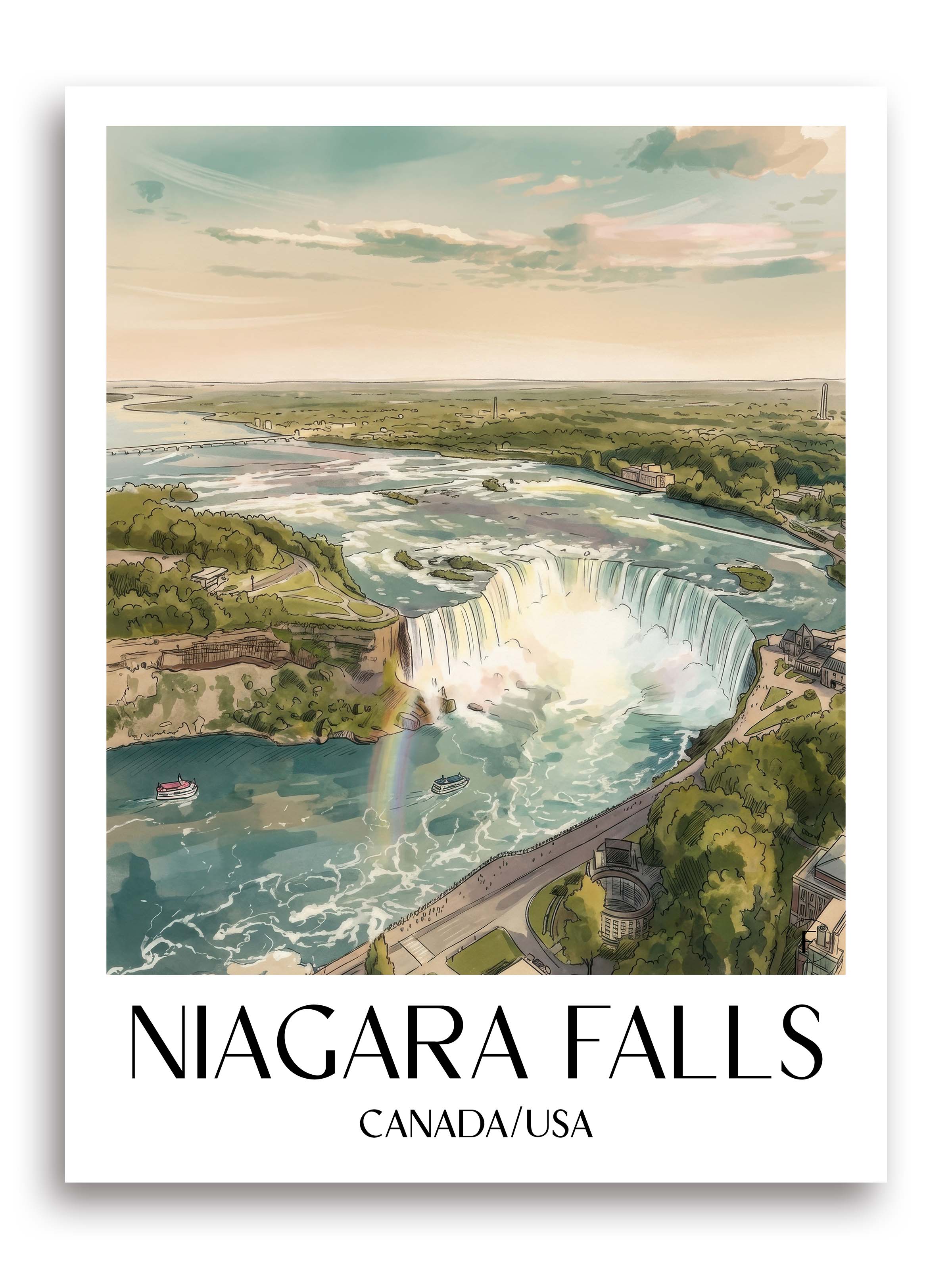 Niagara Fälle Poster - Kanada und Vereinigte Staaten Kunstdruck - Aquarell von A4 bis A1 - favplace