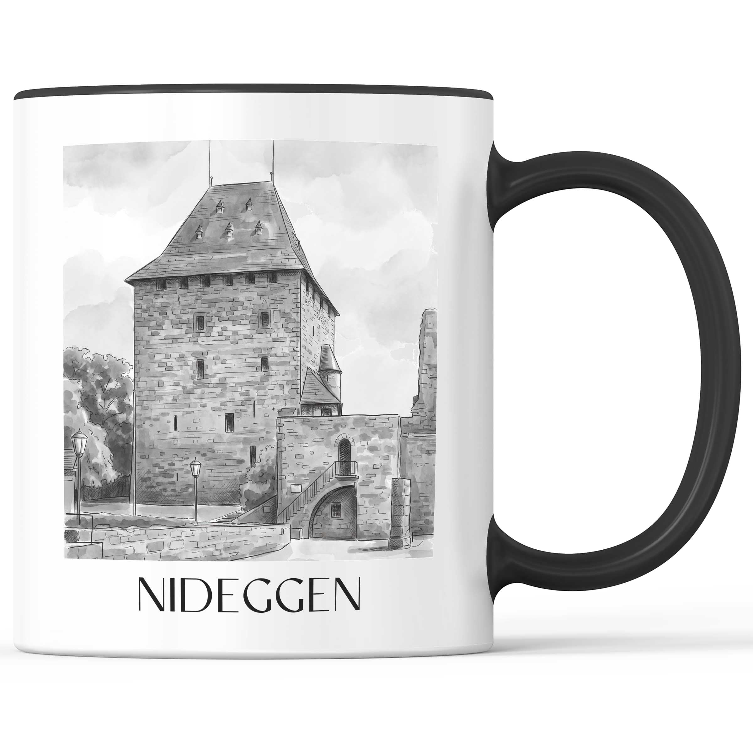 Nideggen Kaffeebecher - Eifel - Deutschland Becher - Kaffeetasse im Aquarell Schwarz-Weiß Stil - favplace