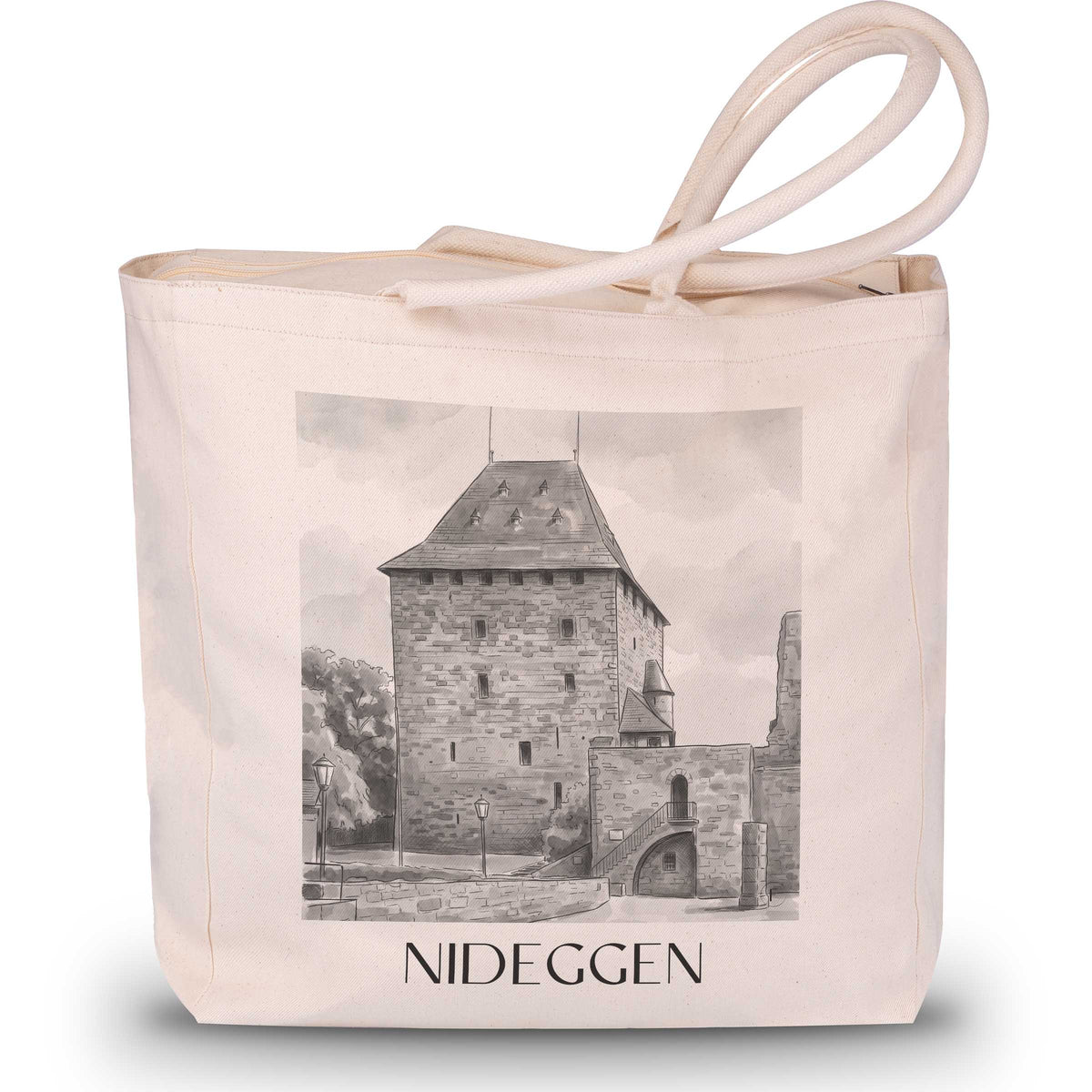 Nideggen Shopping Tasche - Eifel - Deutschland Tote Bag - Einkaufstasche im Aquarell Schwarz-Weiß Stil - favplace