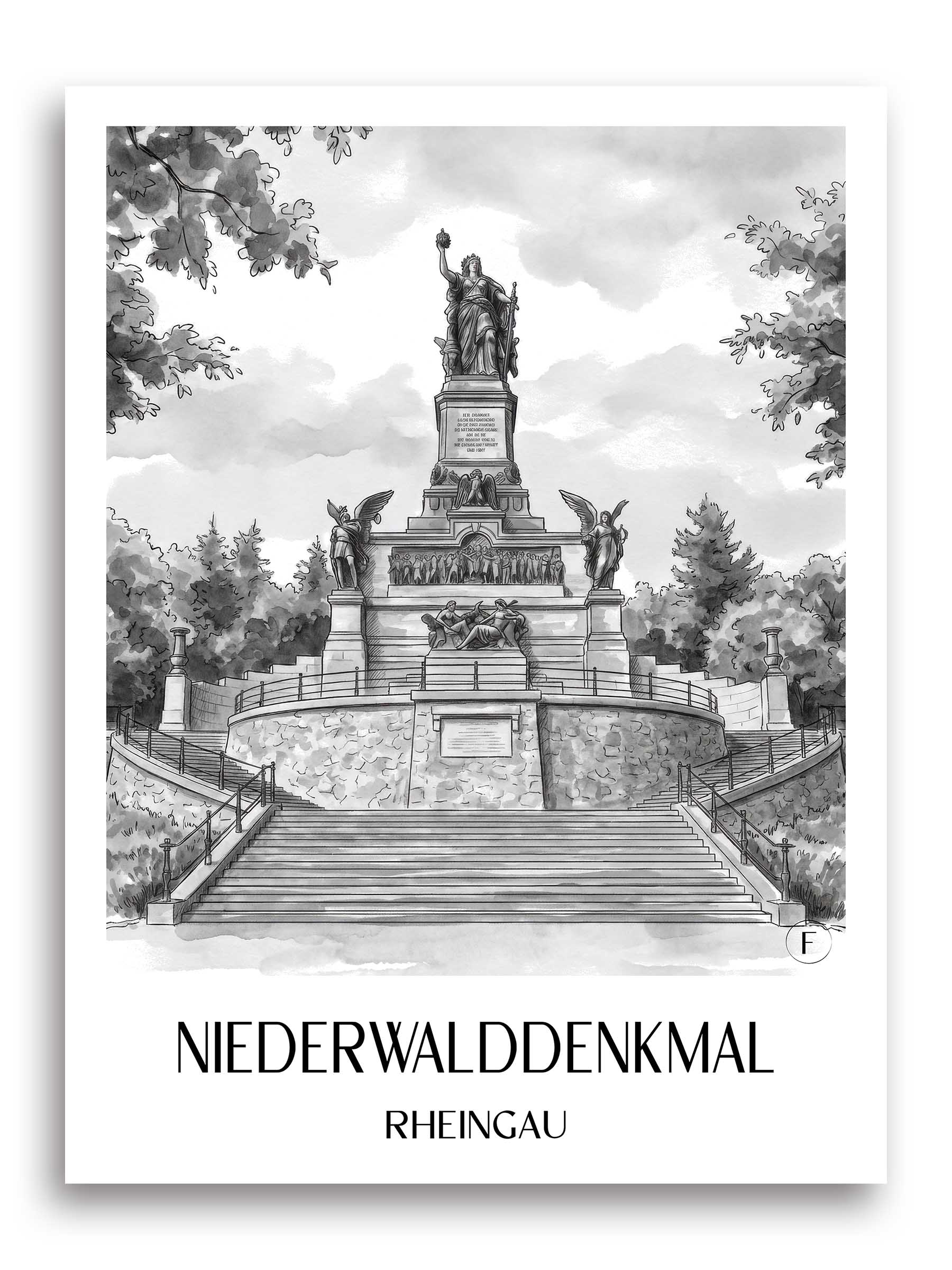niederwalddenkmal-rheingau-deutschland-poster-aquarell-schwarz-weiss