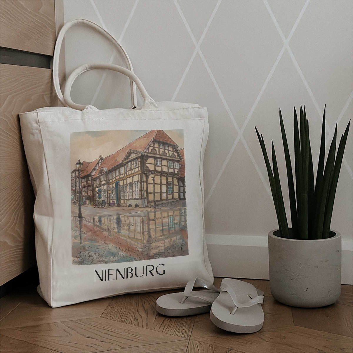 nienburg-weser-deutschland-einkaufstasche-aquarell