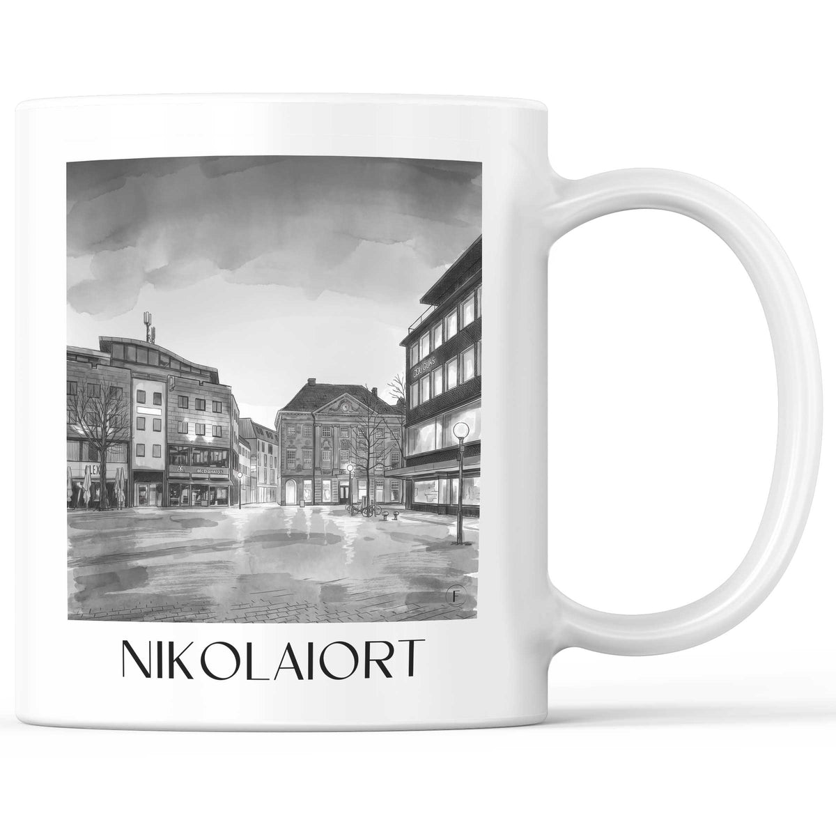 Nikolaiort Kaffeebecher - Osnabrück - Deutschland Becher - Kaffeetasse im Aquarell Schwarz-Weiß Stil - favplace