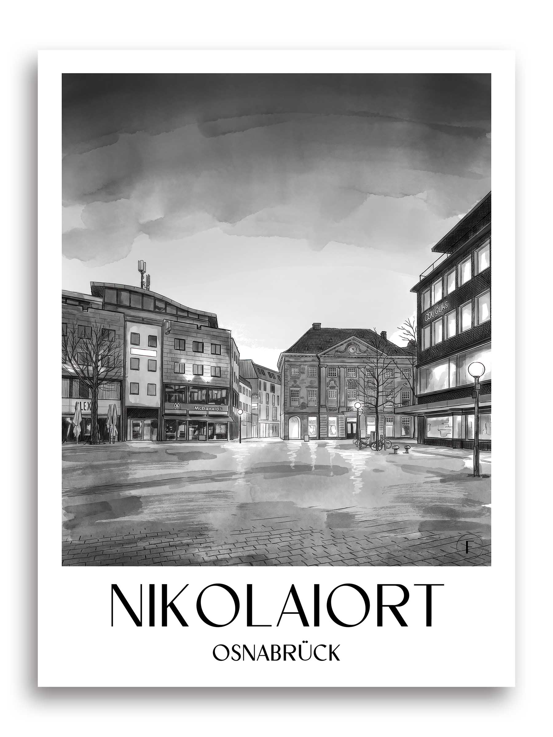 Nikolaiort Poster - Osnabrück - Deutschland Kunstdruck - Aquarell Schwarz-Weiß von A4 bis A1