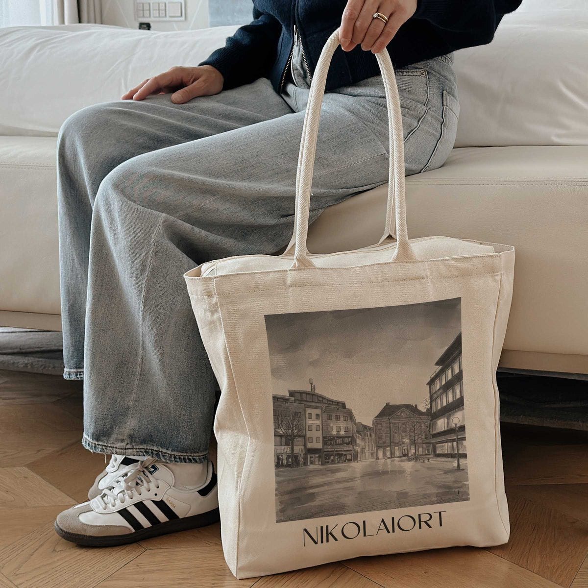 nikolaiort-osnabrück-deutschland-einkaufstasche-aquarell-schwarz-weiss