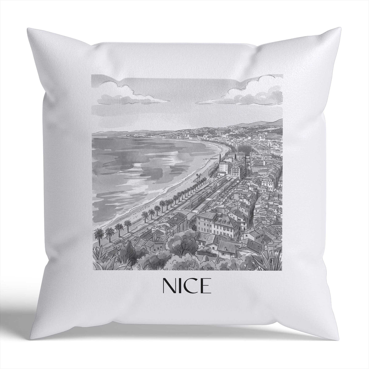 Nizza Kissenhülle - Zierkissen Bezug - Frankreich - Frankreich Kissen bzw. Kissenbezug im Aquarell Schwarz-Weiß Stil - favplace