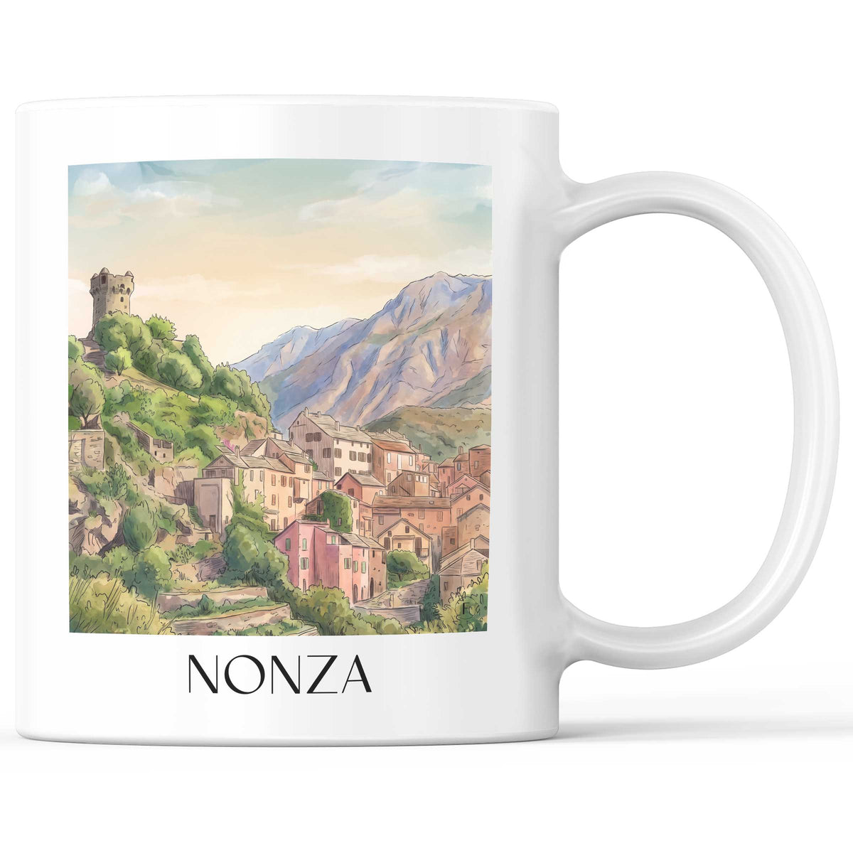 nonza-cap-corse-frankreich-kaffeebecher-aquarell