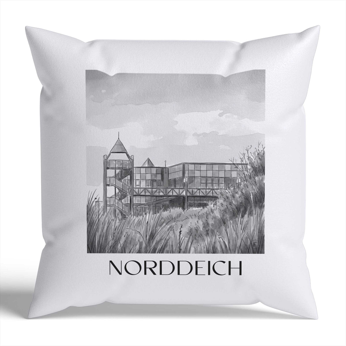 Norddeich Kissenhülle - Zierkissen Bezug - Ostfriesland - Deutschland Kissen bzw. Kissenbezug im Aquarell Schwarz-Weiß Stil - favplace