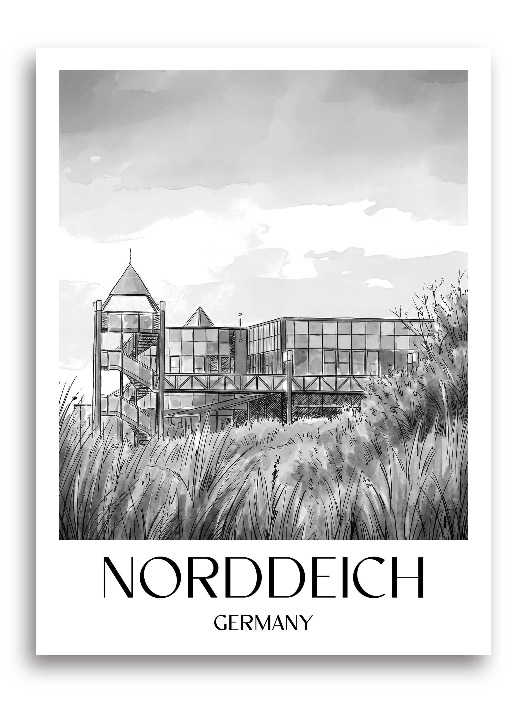 Norddeich Poster - Ostfriesland - Deutschland Kunstdruck - Aquarell Schwarz-Weiß von A4 bis A1
