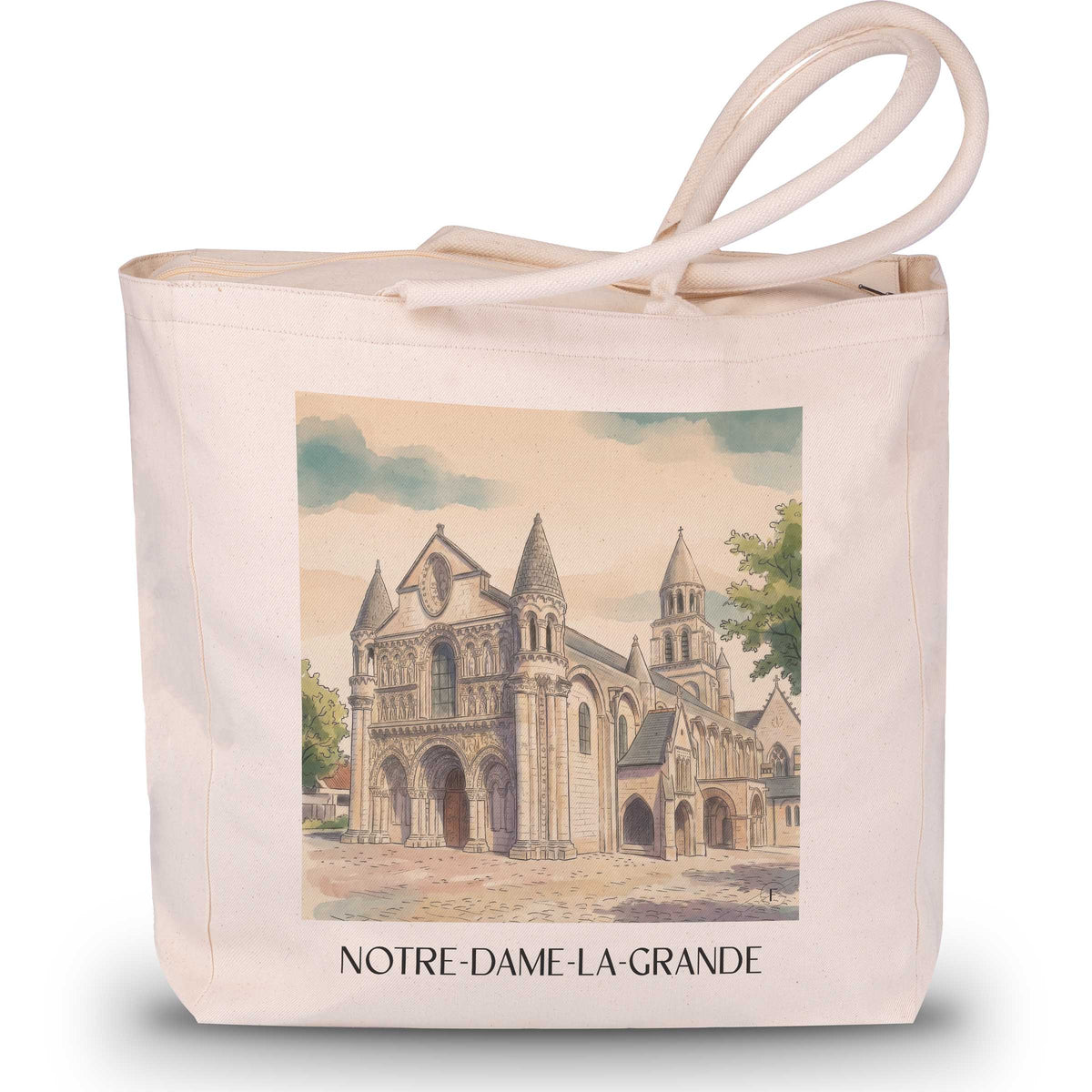 notre-dame-la-grande-poitiers-frankreich-einkaufstasche-aquarell