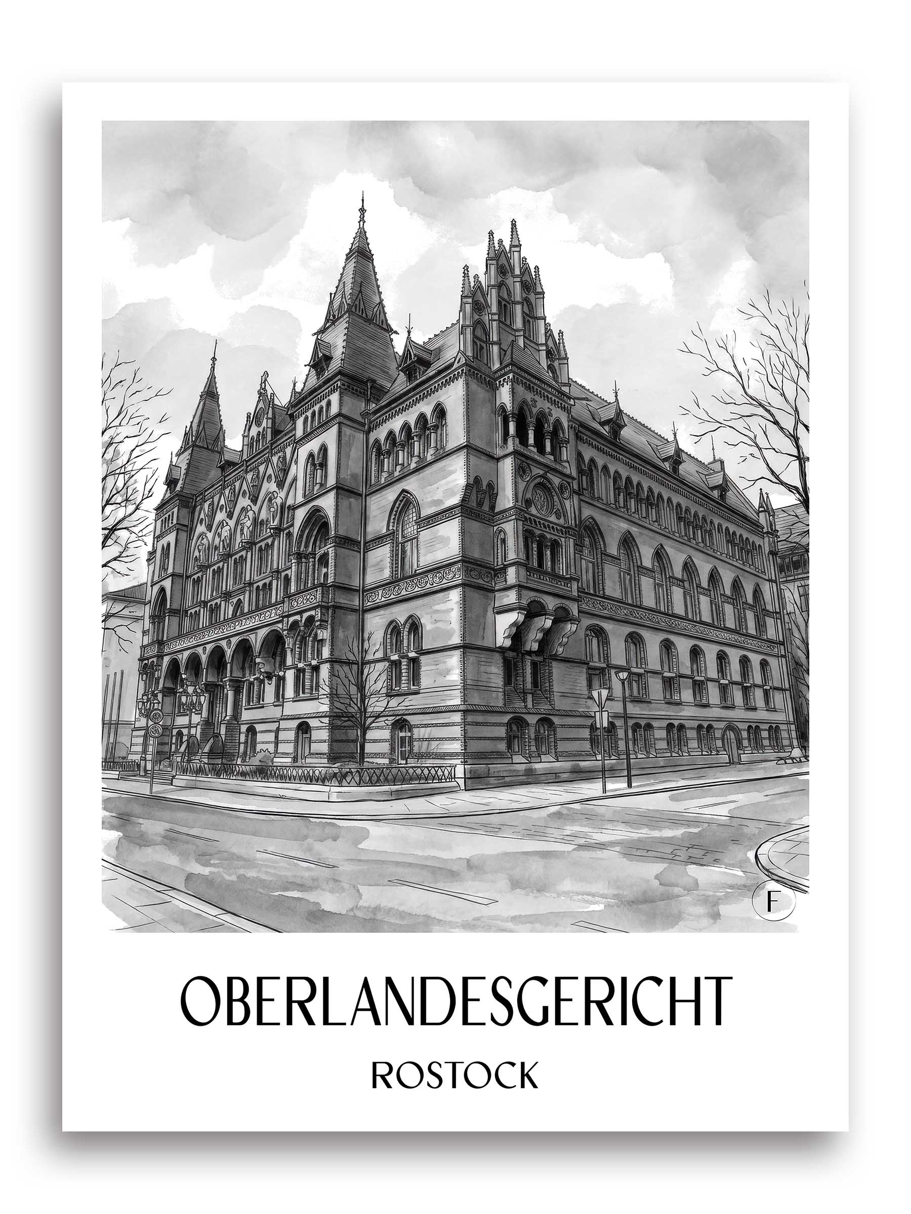 oberlandesgericht-rostock-deutschland-poster-aquarell-schwarz-weiss