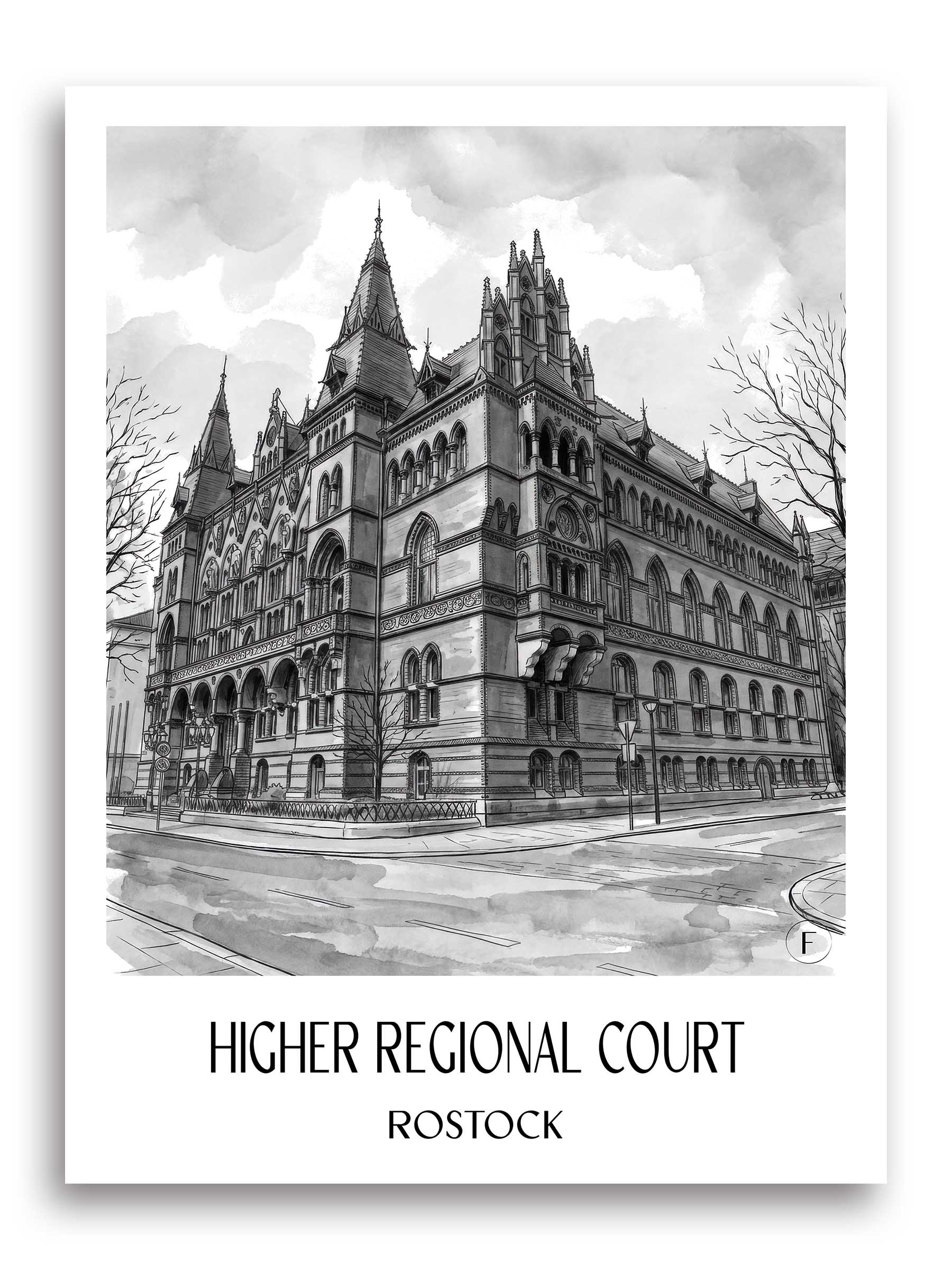 Oberlandesgericht Poster - Rostock - Deutschland Kunstdruck - Aquarell Schwarz-Weiß von A4 bis A1 - favplace