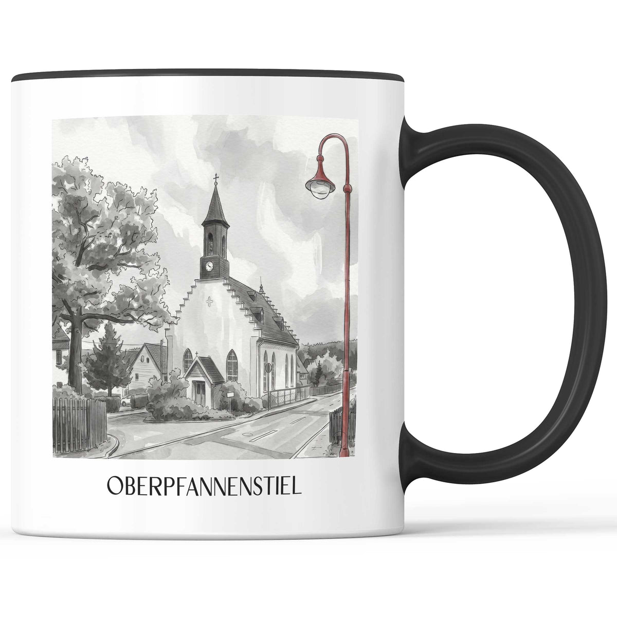Oberpfannenstiel Kaffeebecher - Erzgebirge - Deutschland Becher - Kaffeetasse im Aquarell Schwarz-Weiß Stil - favplace