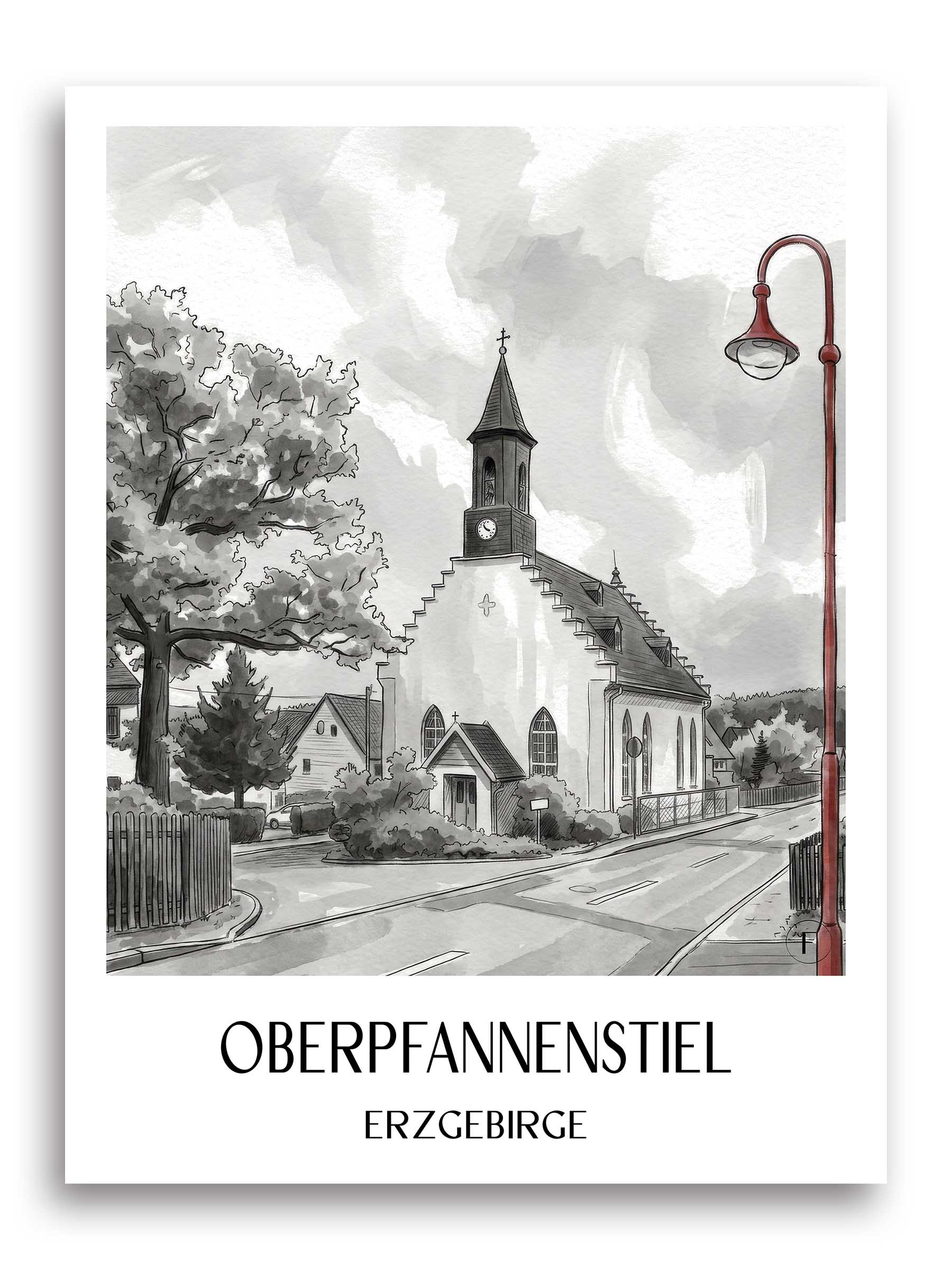 oberpfannenstiel-erzgebirge-deutschland-poster-aquarell-schwarz-weiss