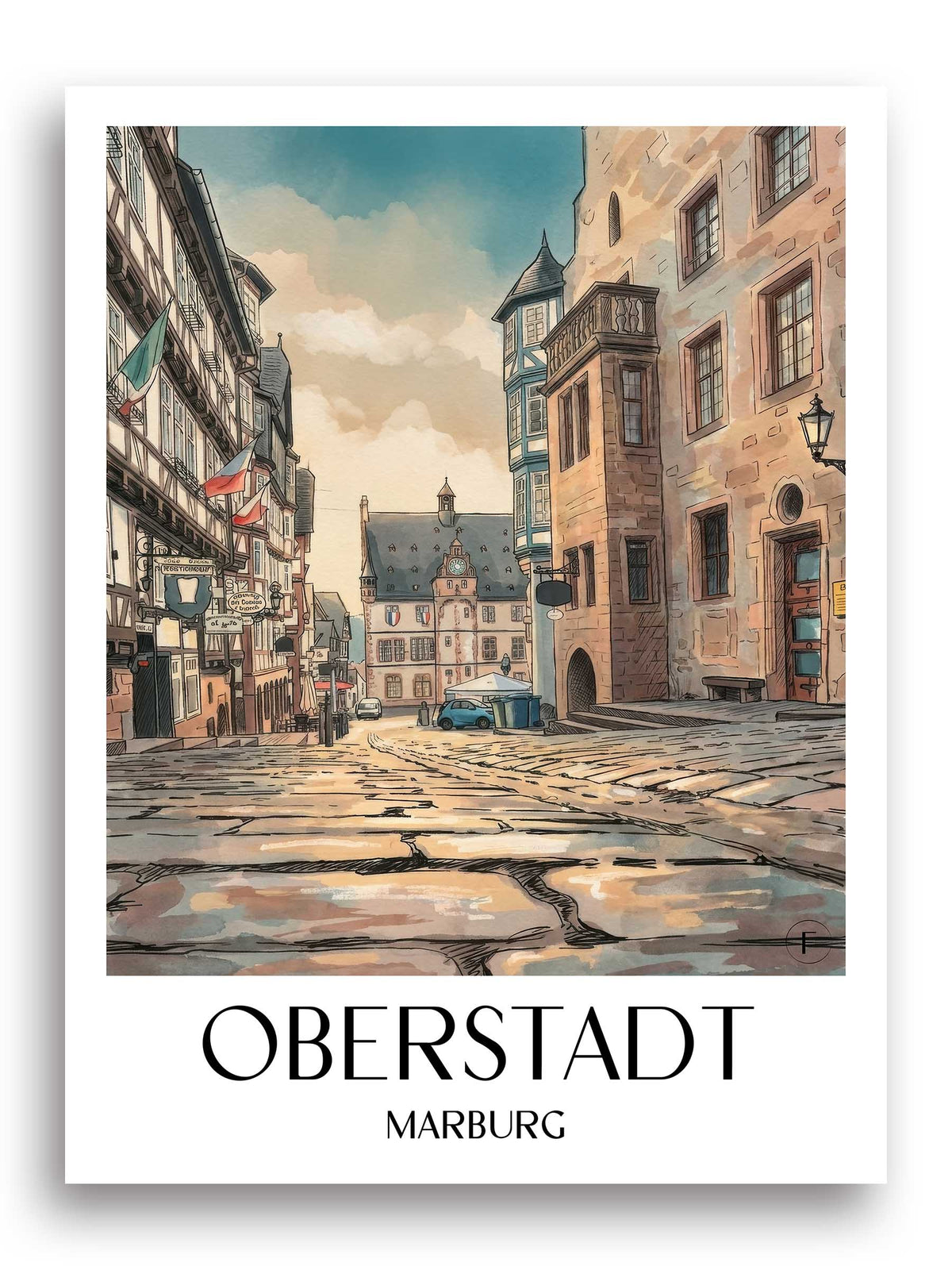 oberstadt-marburg-deutschland-poster-aquarell