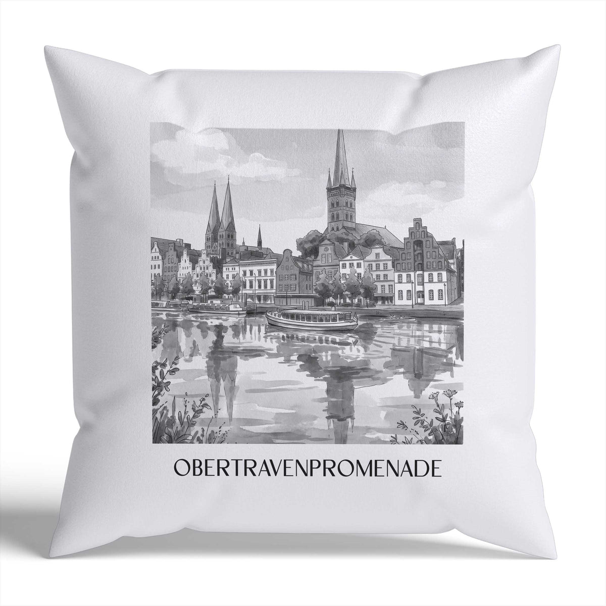 obertravenpromenade-lübeck-deutschland-kissenbezug-aquarell-schwarz-weiss