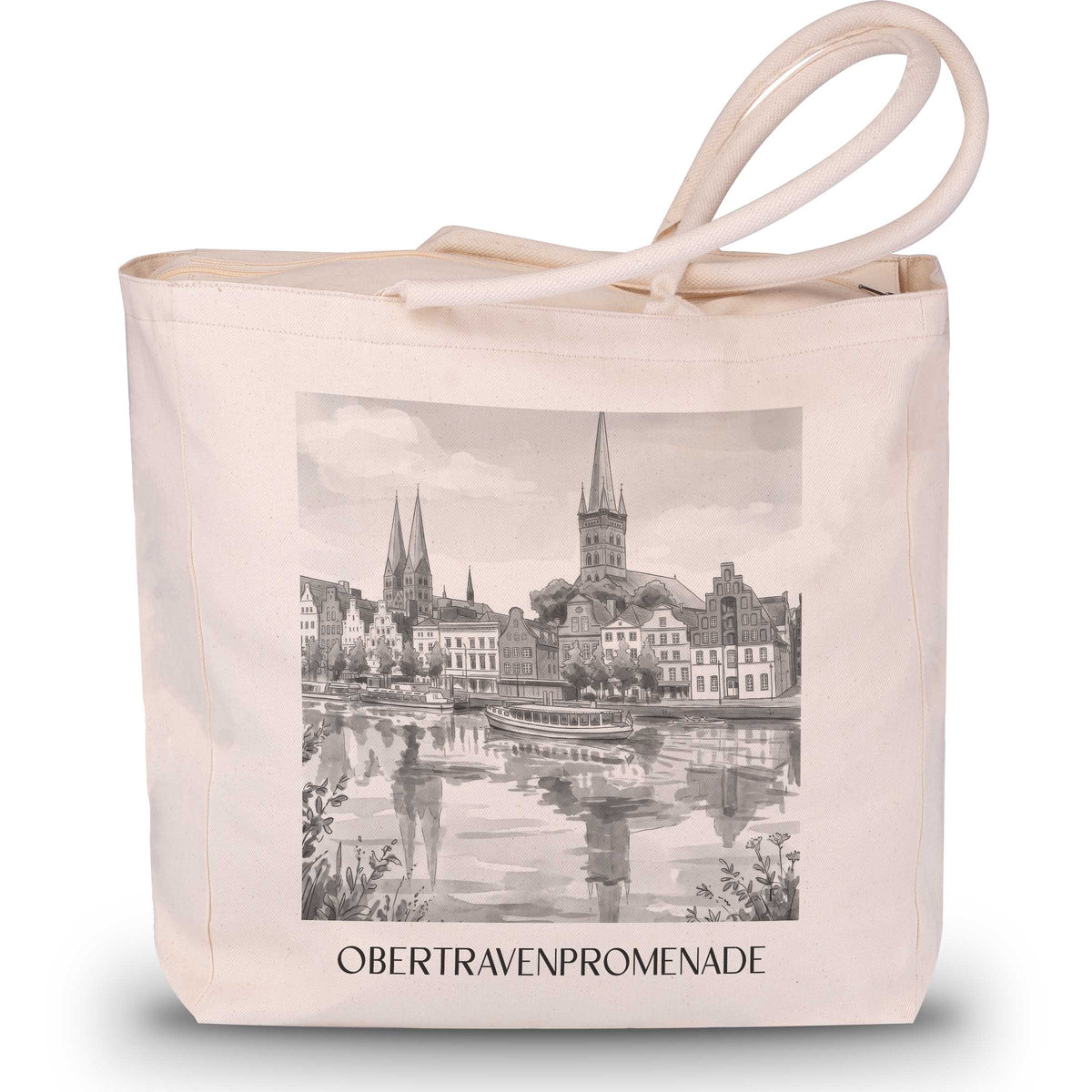 Obertravenpromenade Shopping Tasche - Lübeck - Deutschland Tote Bag - Einkaufstasche im Aquarell Schwarz-Weiß Stil - favplace