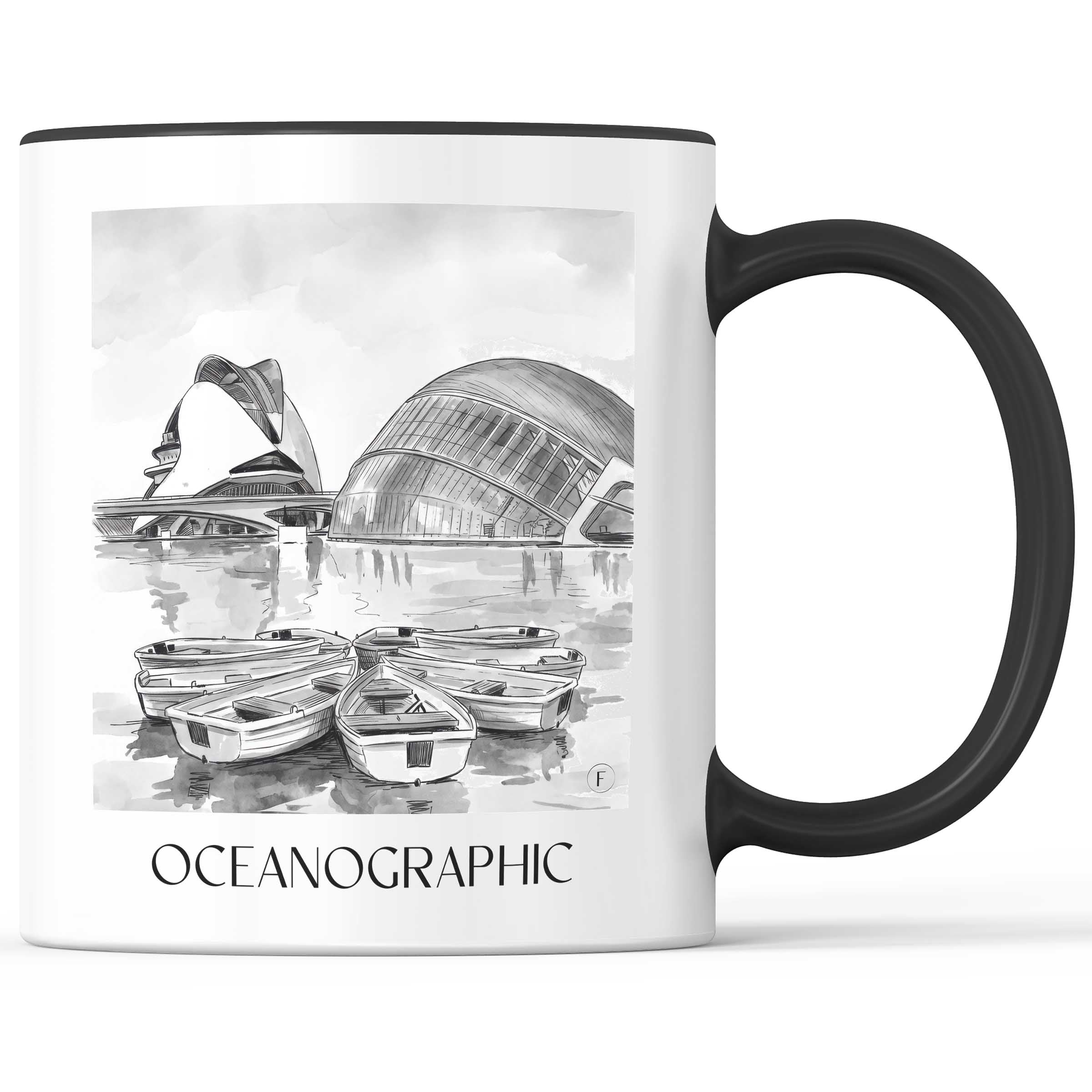Oceanogràfic (Valencia) Kaffeebecher - Valencia - Spanien Becher - Kaffeetasse im Aquarell Schwarz-Weiß Stil - favplace