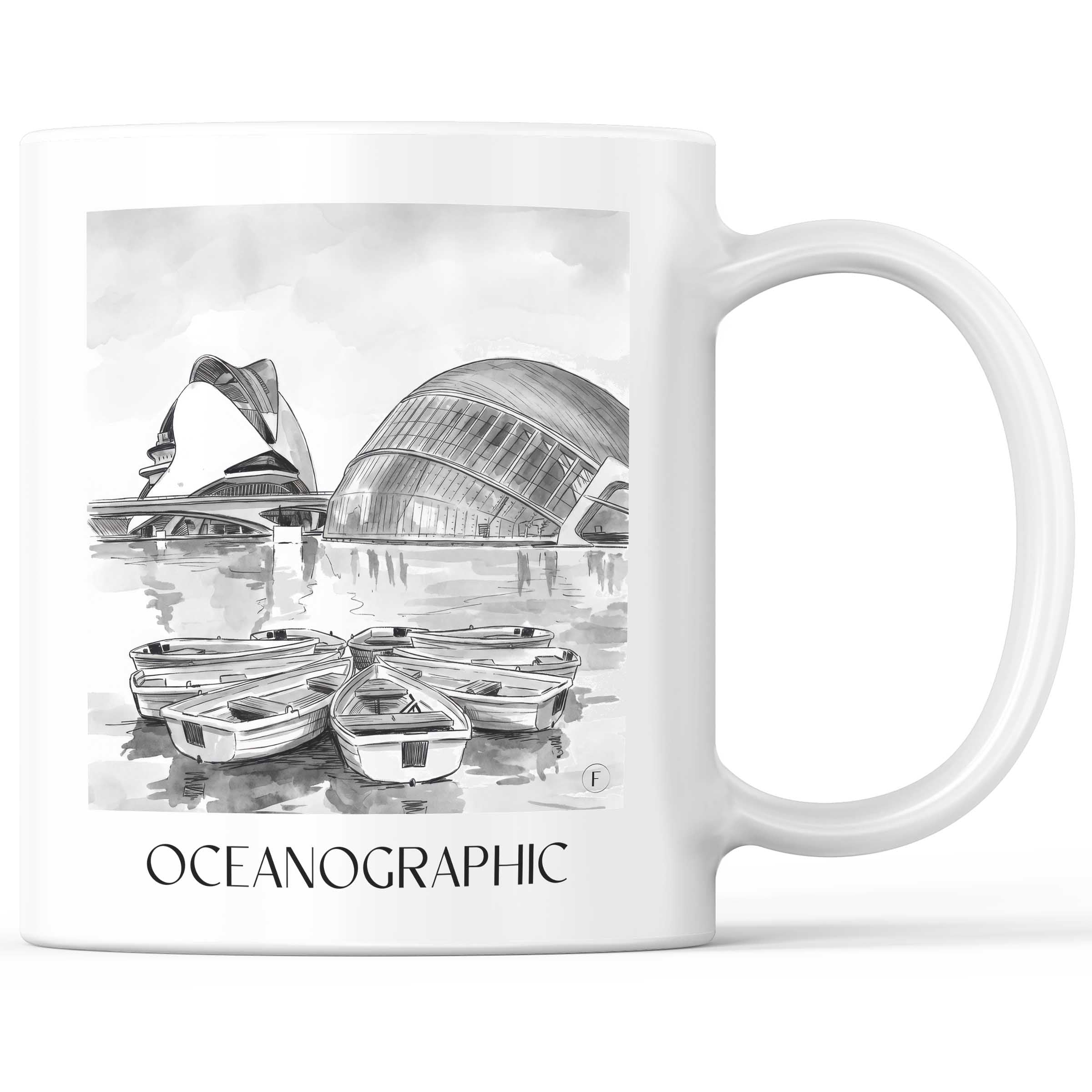 Oceanogràfic (Valencia) Kaffeebecher - Valencia - Spanien Becher - Kaffeetasse im Aquarell Schwarz-Weiß Stil - favplace