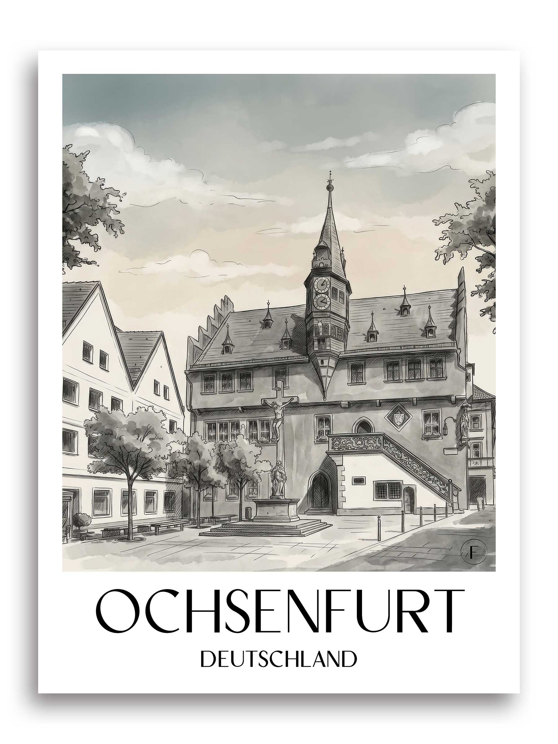 ochsenfurt-deutschland-poster-aquarell-schwarz-weiss