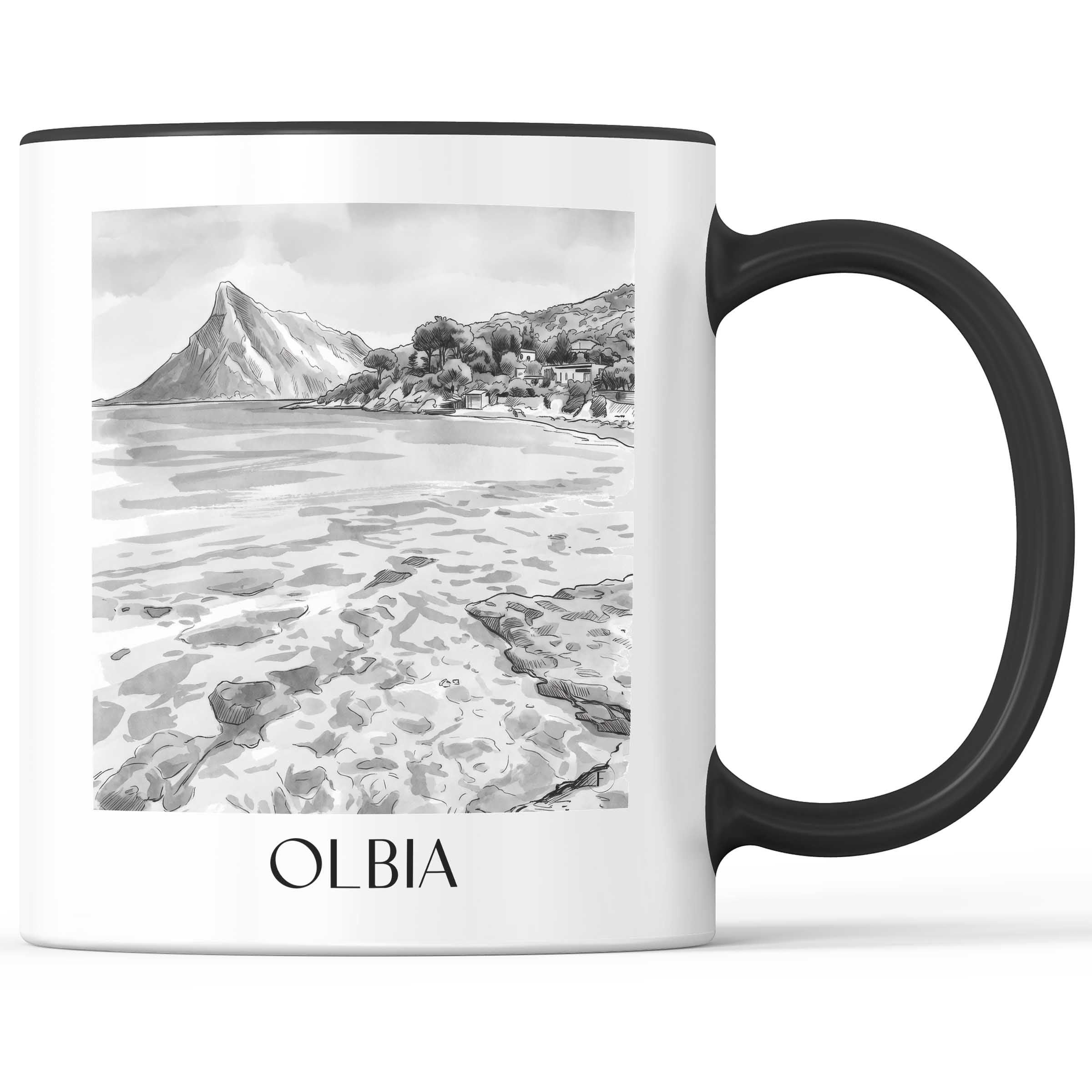 Olbia - Italien Becher - Kaffeetasse im Aquarell Schwarz-Weiß Stil - favplace