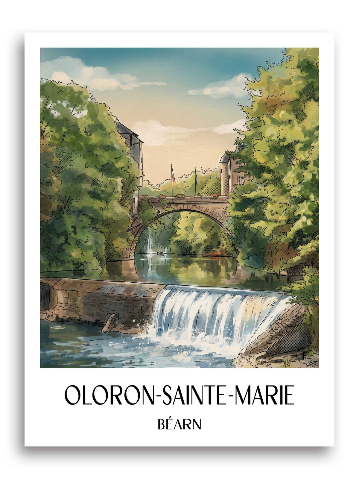 oloron-sainte-marie-béarn-frankreich-poster-aquarell