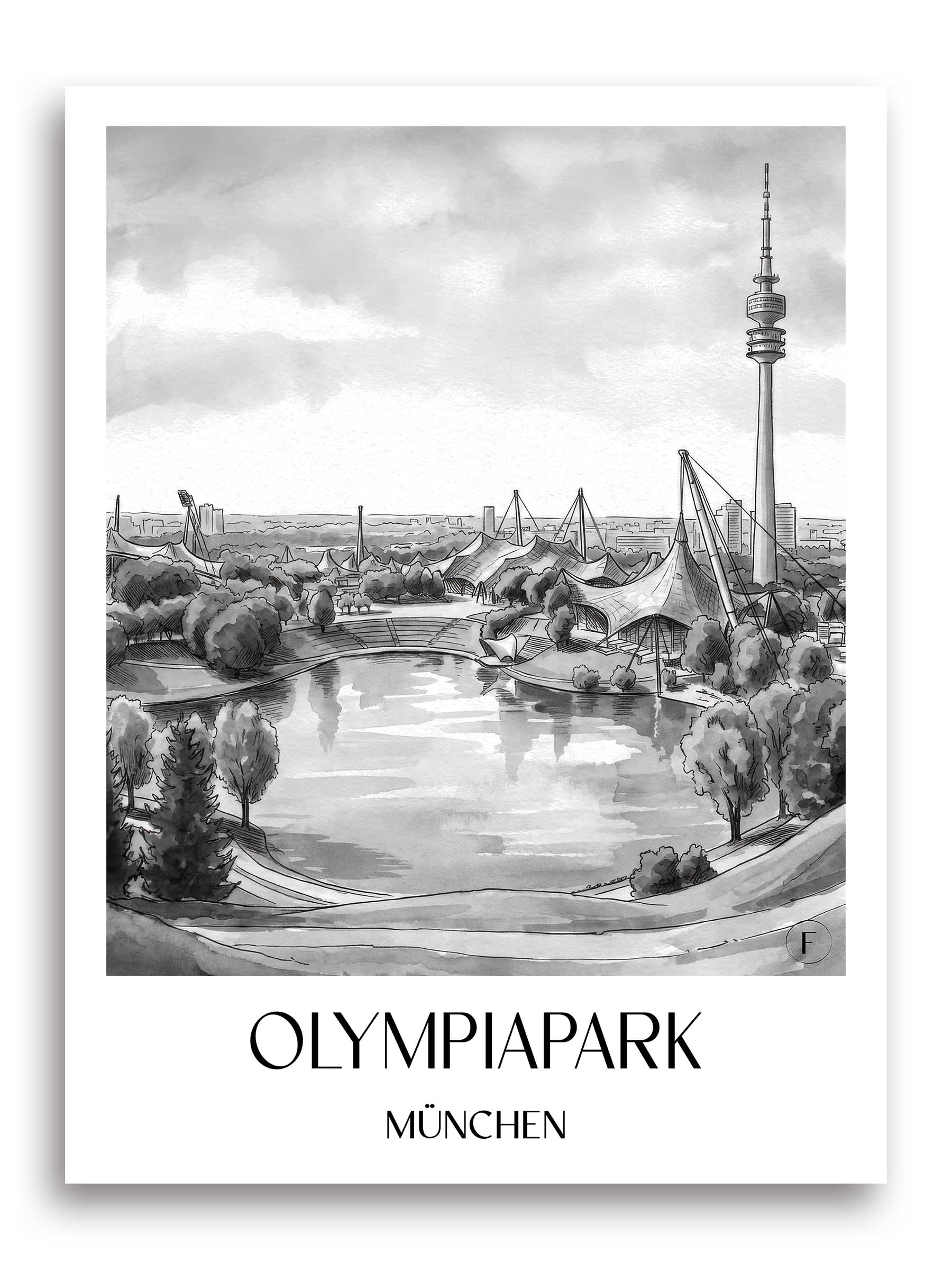 olympiapark-münchen-deutschland-poster-aquarell-schwarz-weiss