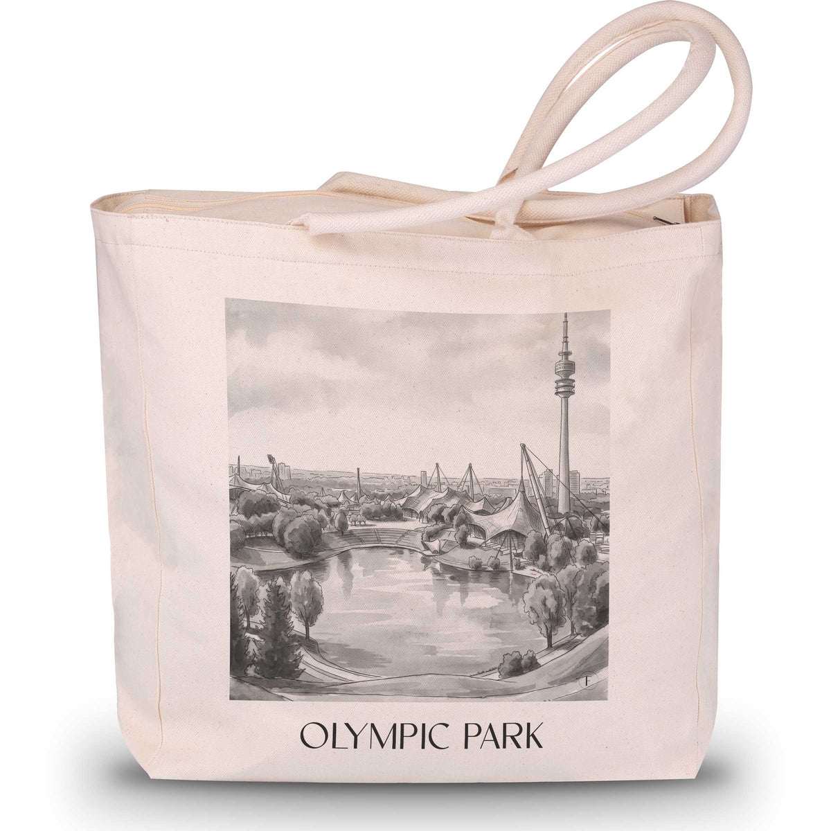 Olympiapark Shopping Tasche - München - Deutschland Tote Bag - Einkaufstasche im Aquarell Schwarz-Weiß Stil - favplace