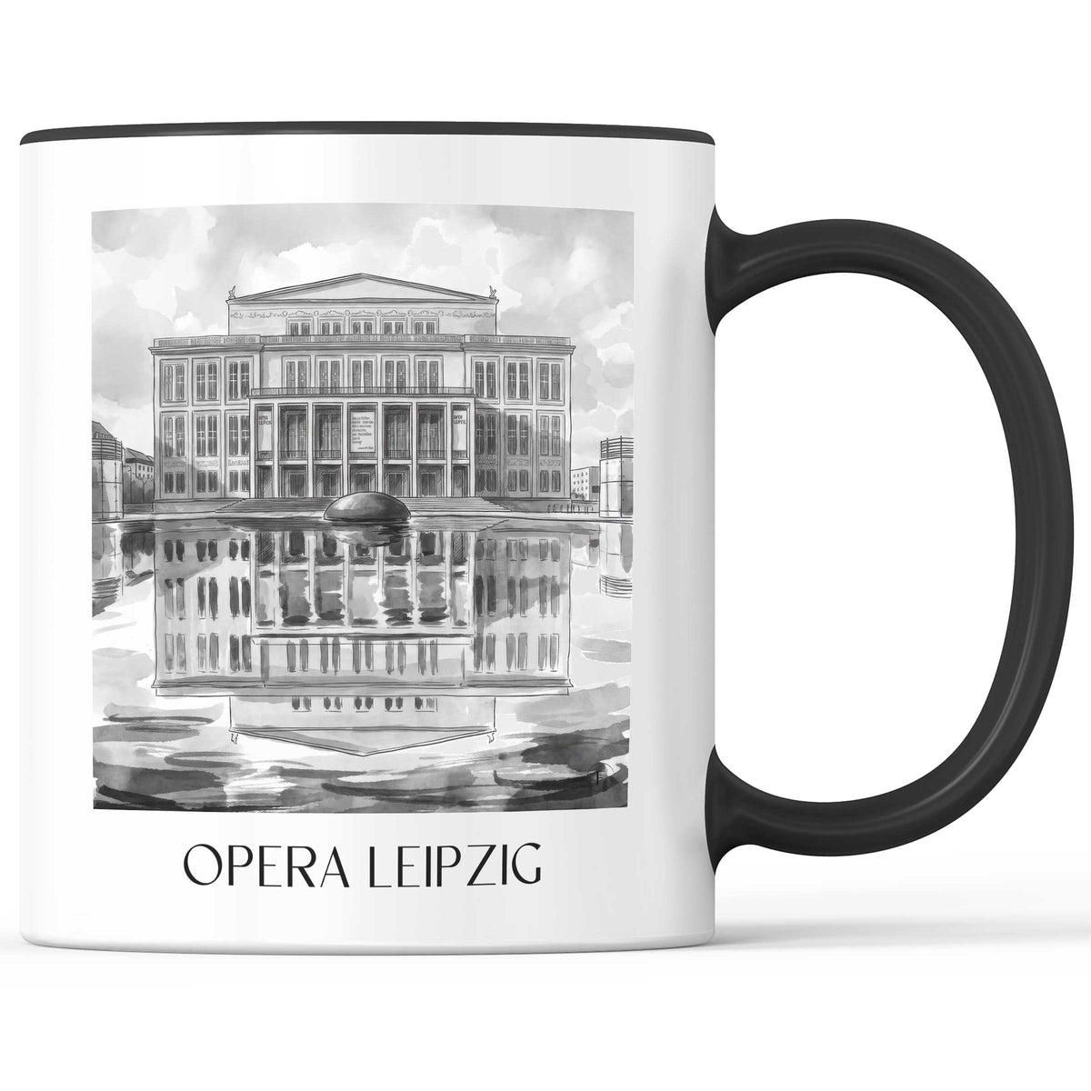 Oper Kaffeebecher - Leipzig - Deutschland Becher - Kaffeetasse im Aquarell Schwarz-Weiß Stil - favplace
