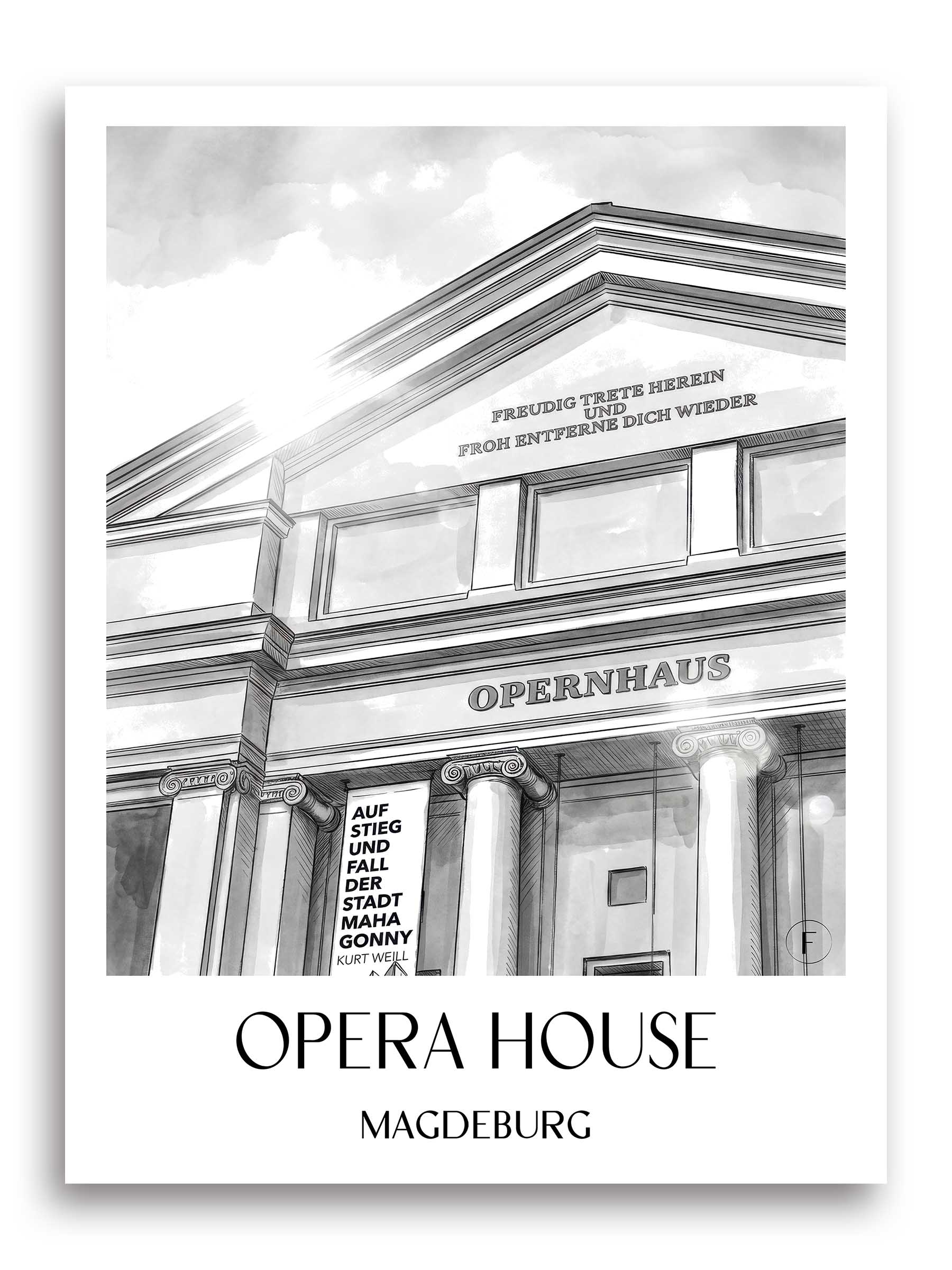 Opernhaus Poster - Magdeburg - Deutschland Kunstdruck - Aquarell Schwarz-Weiß von A4 bis A1 - favplace