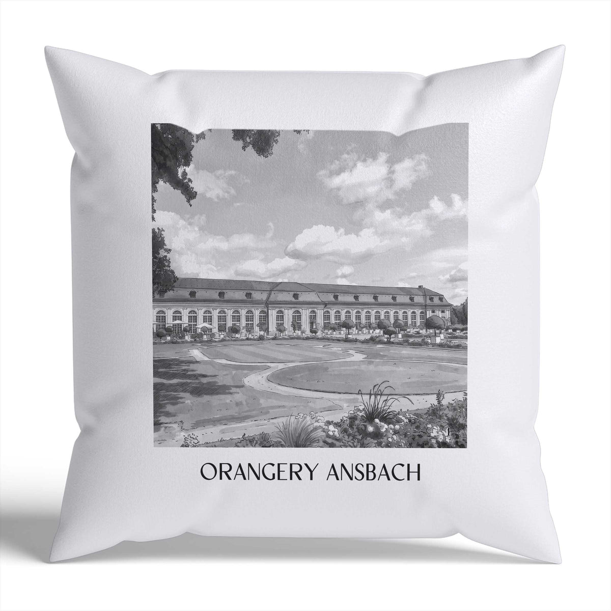Orangerie Kissenhülle - Zierkissen Bezug - Ansbach - Deutschland Kissen bzw. Kissenbezug im Aquarell Schwarz-Weiß Stil - favplace