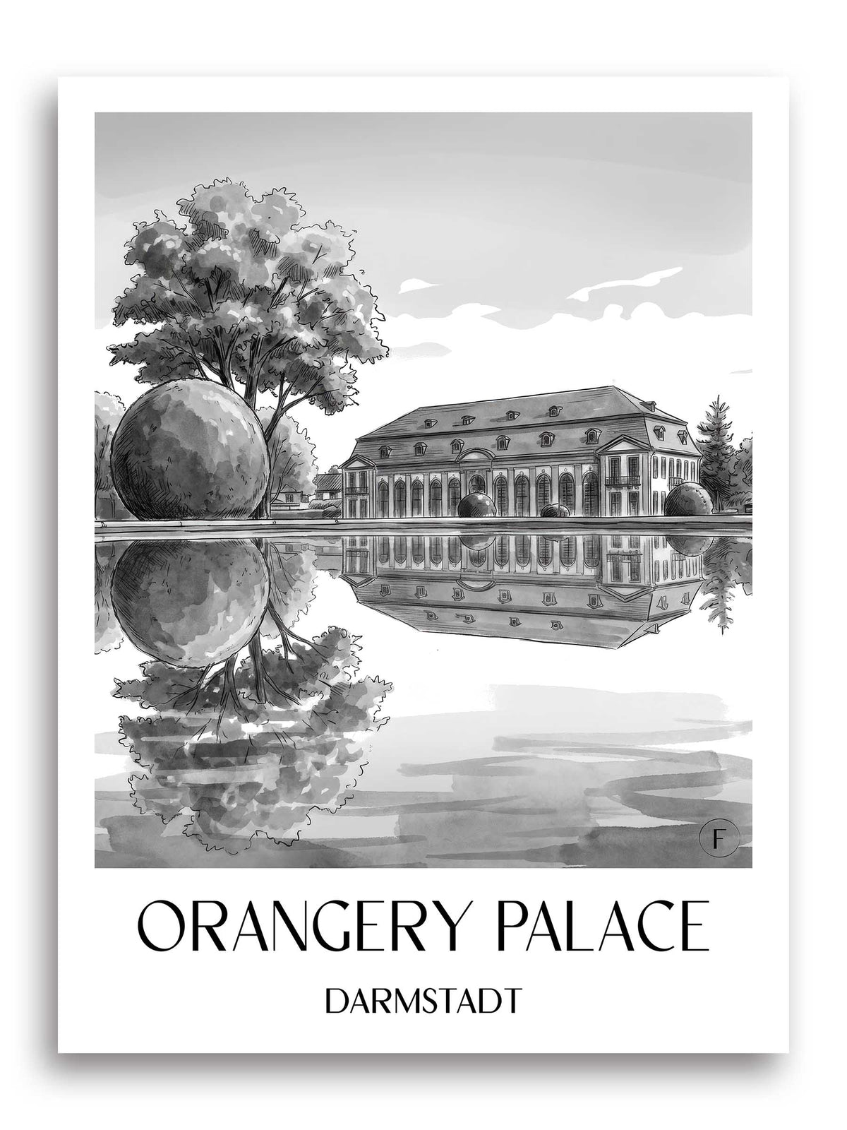 Orangerieschloss Poster - Darmstadt - Deutschland Kunstdruck - Aquarell Schwarz-Weiß von A4 bis A1 - favplace
