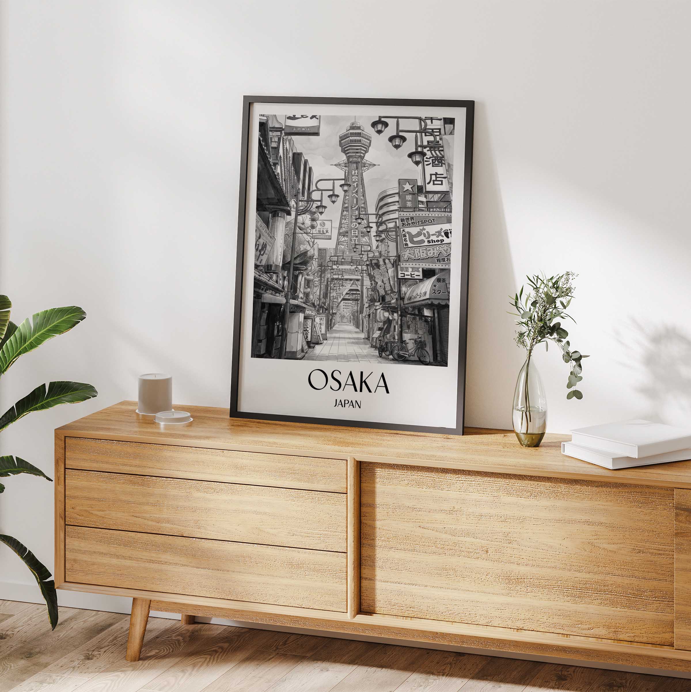 osaka-japan-poster-aquarell-schwarz-weiss