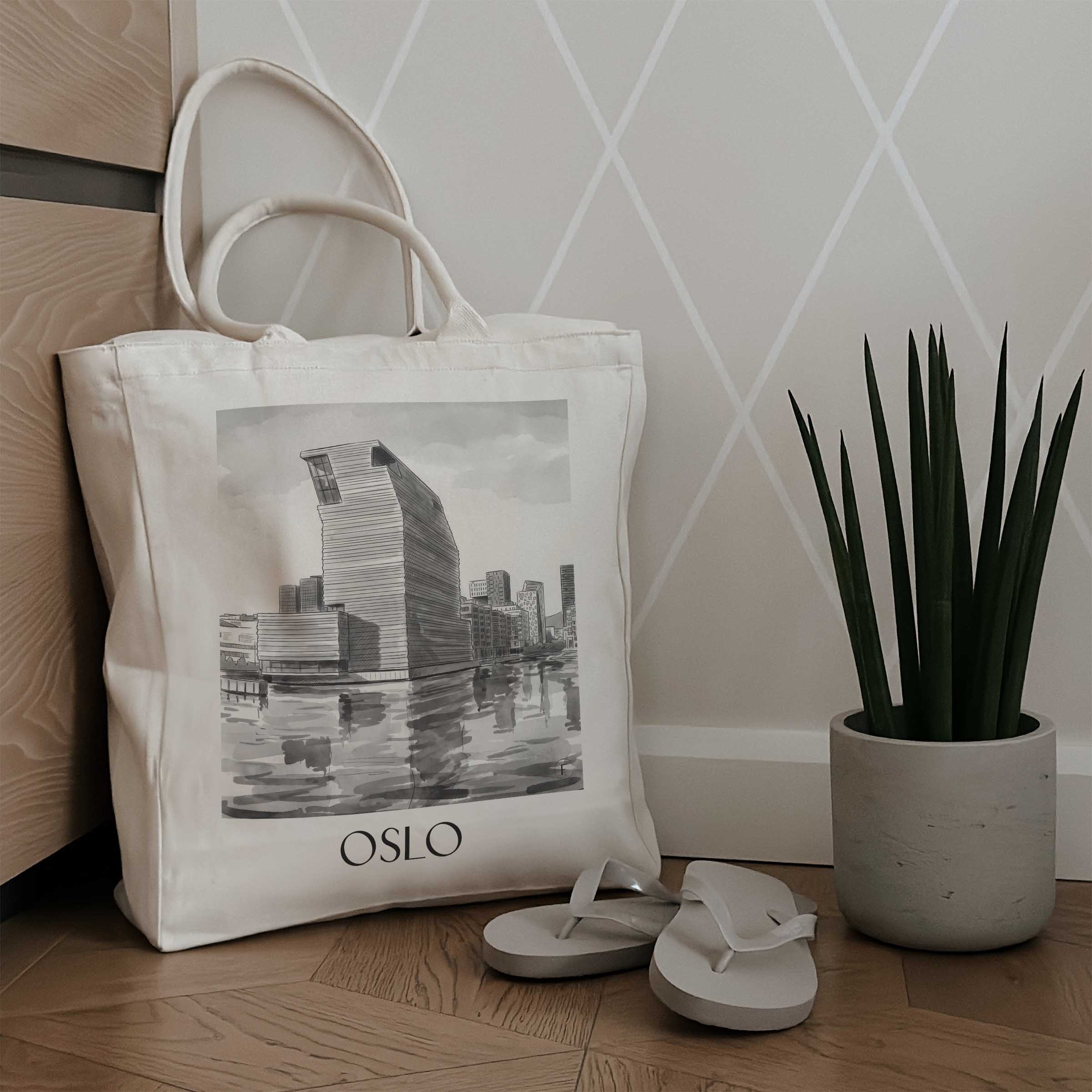 oslo-norwegen-einkaufstasche-aquarell-schwarz-weiss