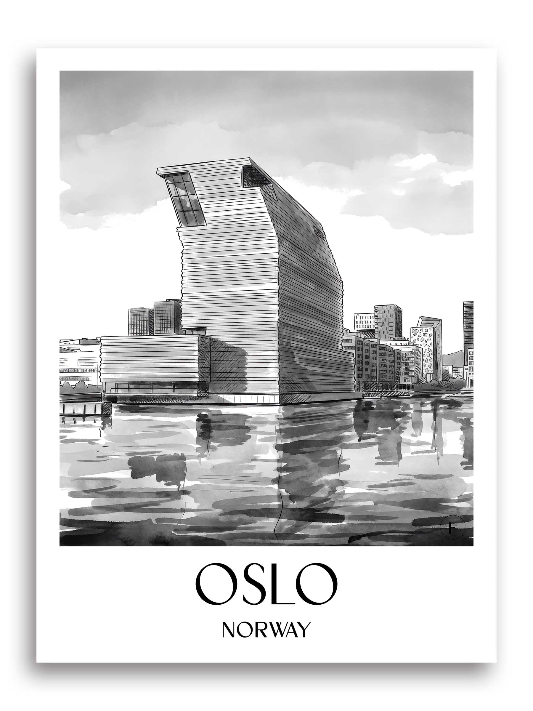 Oslo Poster - - Norwegen Kunstdruck - Aquarell Schwarz-Weiß von A4 bis A1 - favplace
