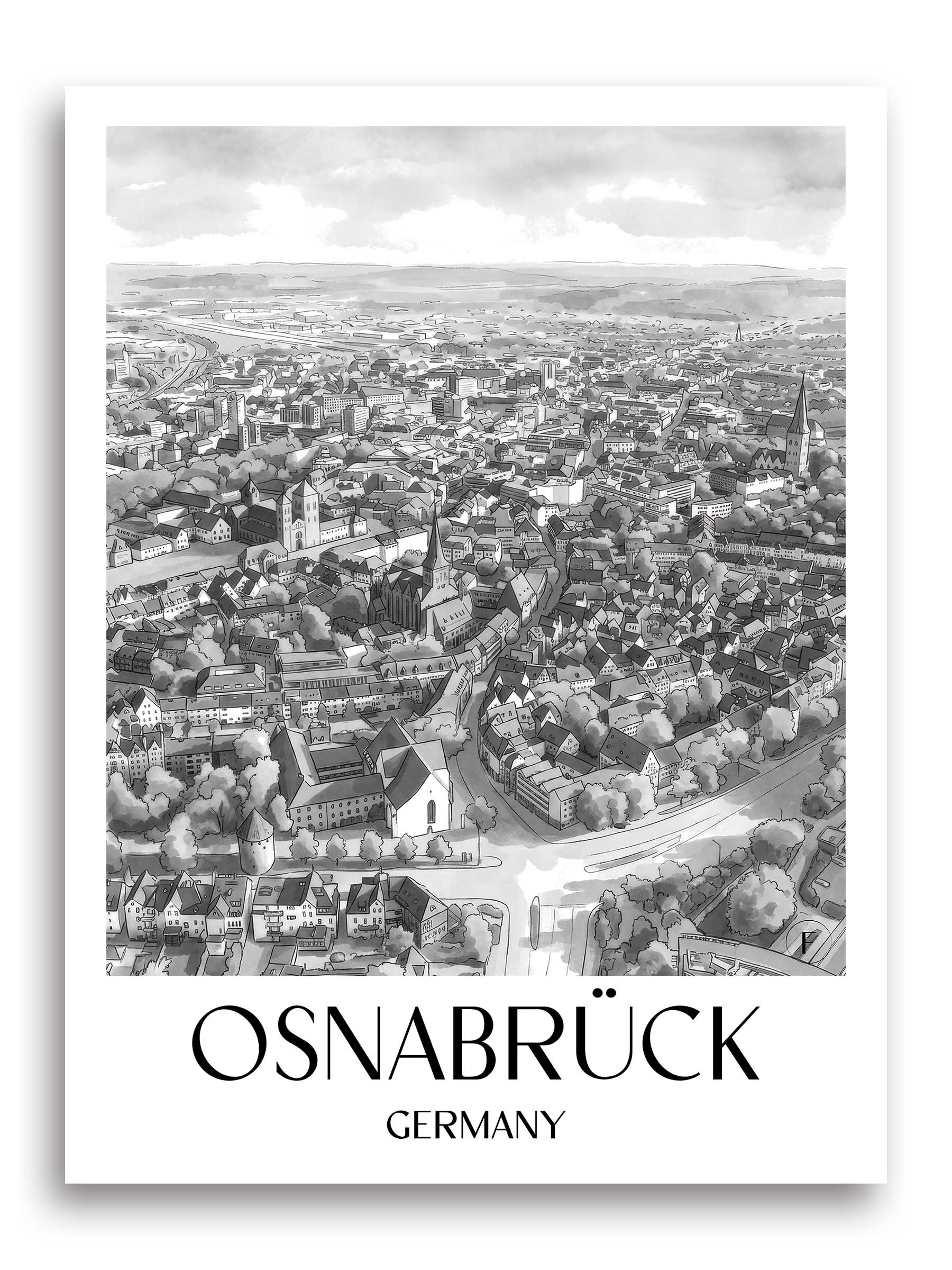 Osnabrück Poster - Niedersachsen - Deutschland Kunstdruck - Aquarell Schwarz-Weiß von A4 bis A1
