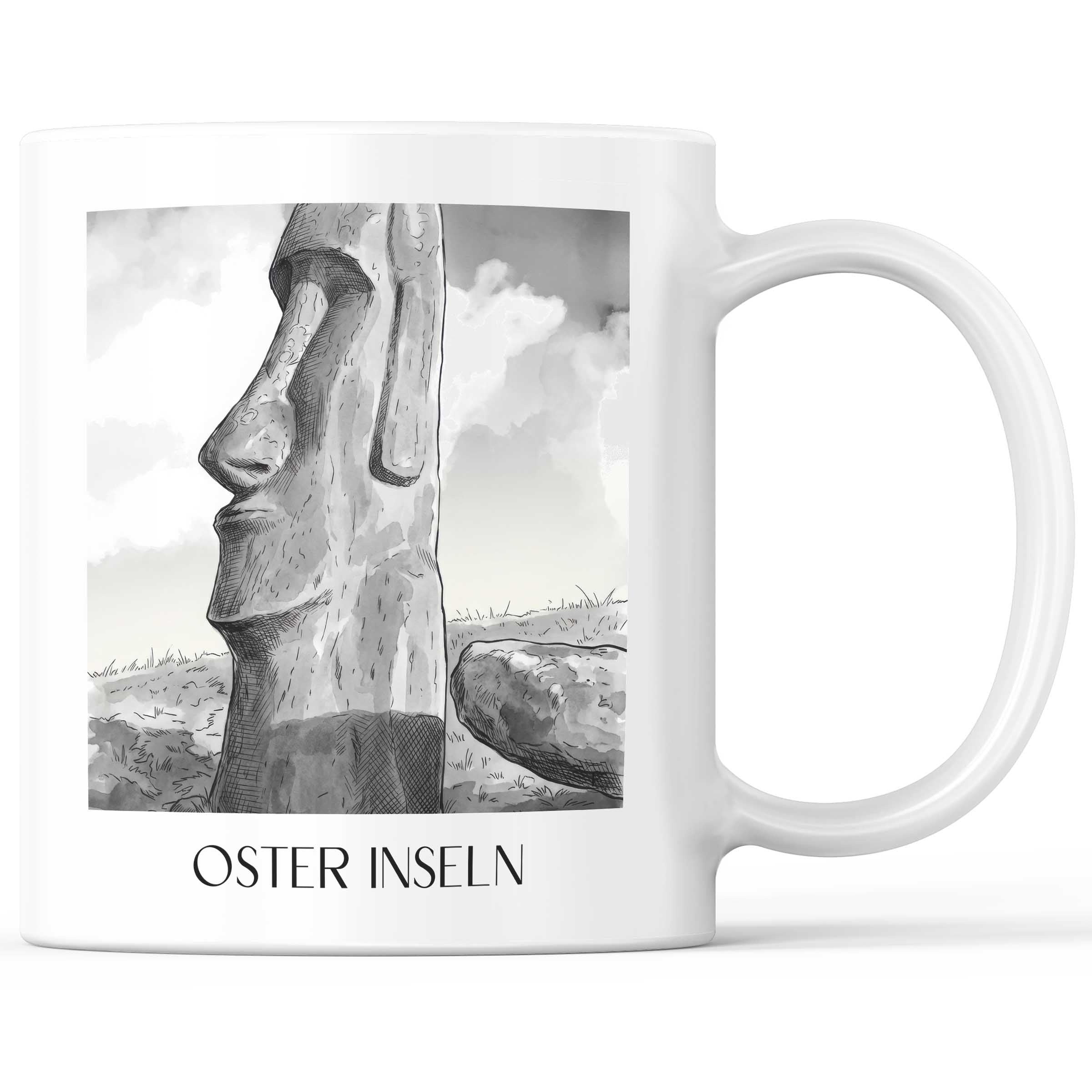 Oster Inseln - Chile Becher - Kaffeetasse im Aquarell Schwarz-Weiß Stil - favplace