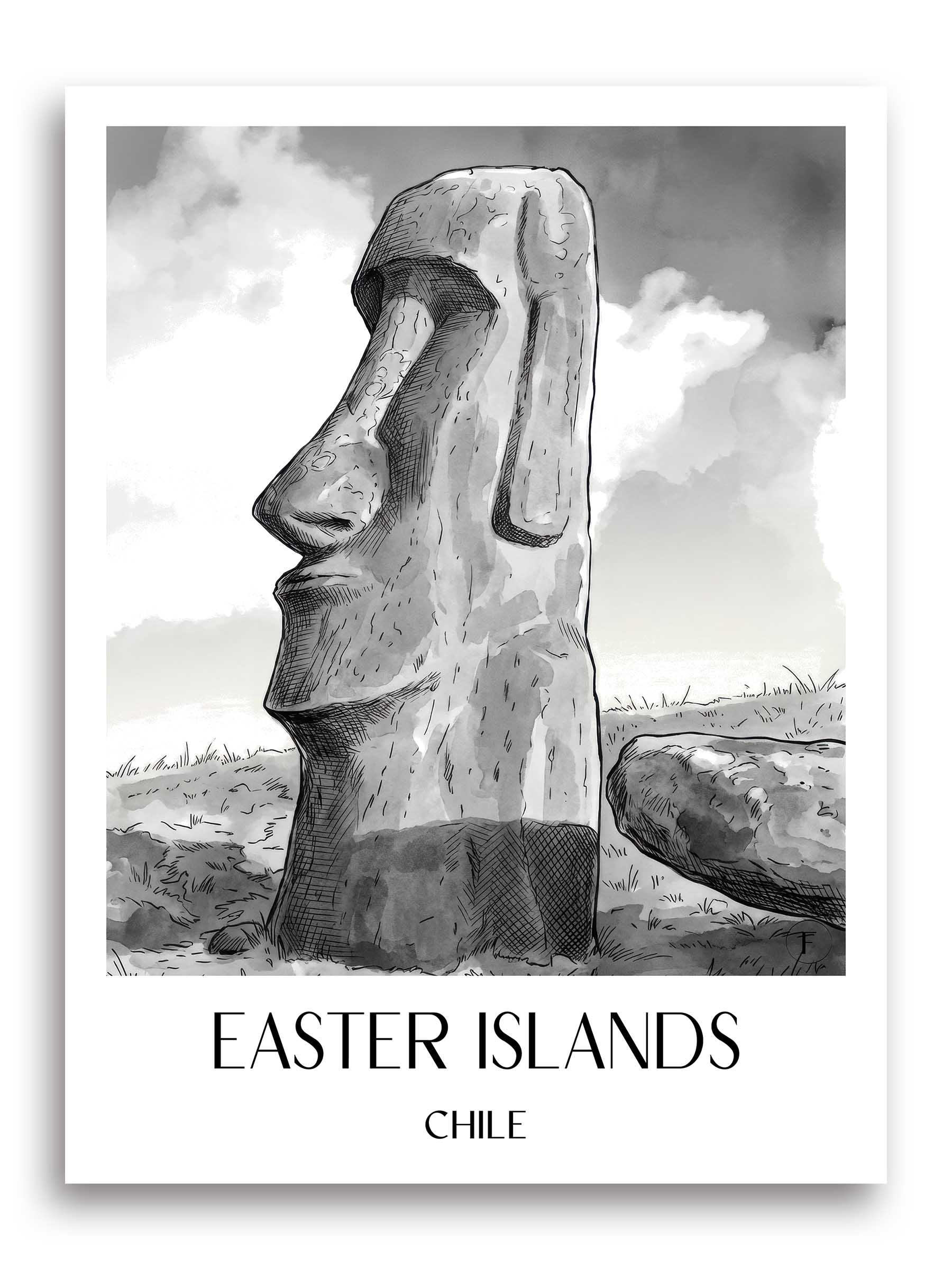 Oster Inseln Poster - - Chile Kunstdruck - Aquarell Schwarz-Weiß von A4 bis A1 - favplace