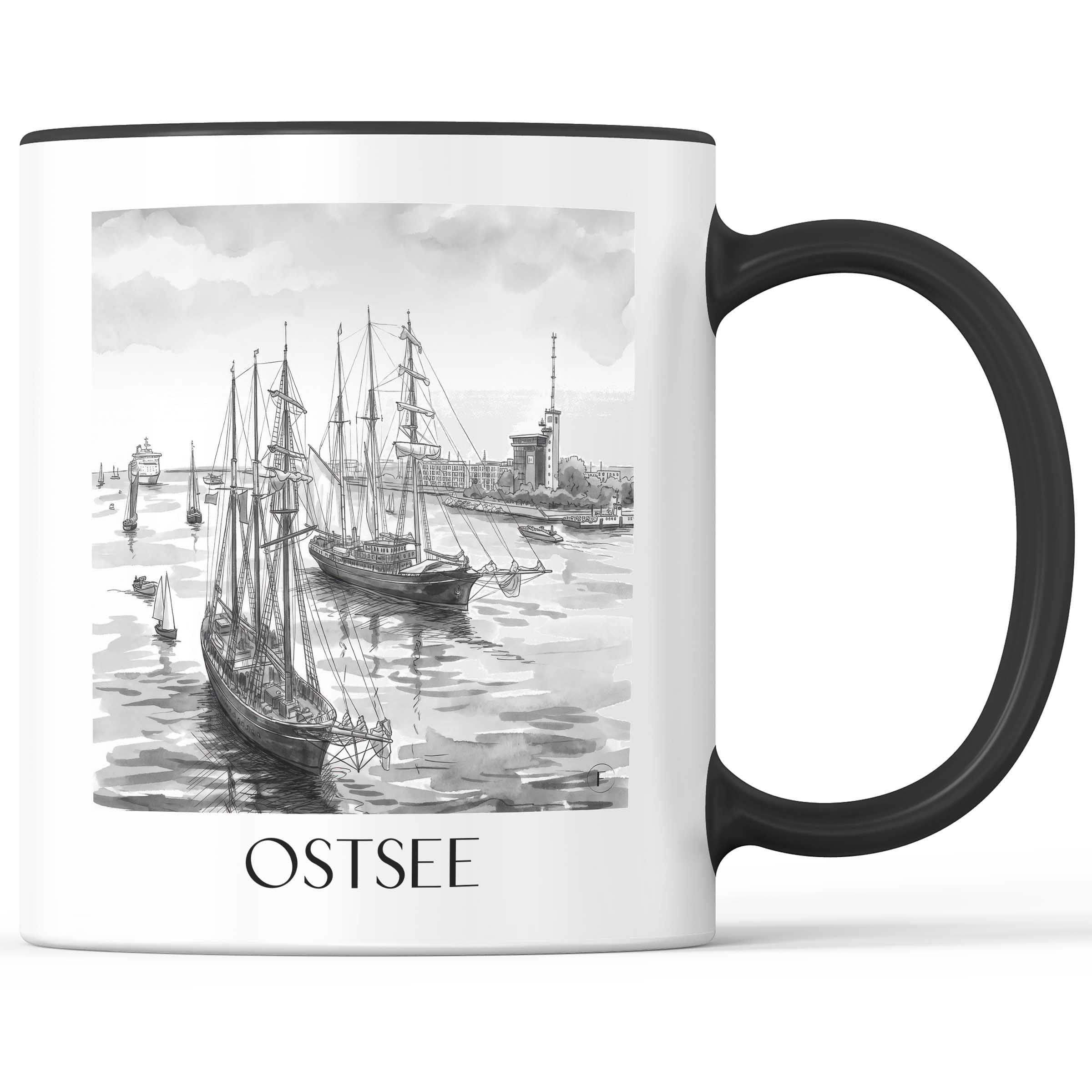 ostsee-rostock-deutschland-kaffeebecher-aquarell-schwarz-weiss