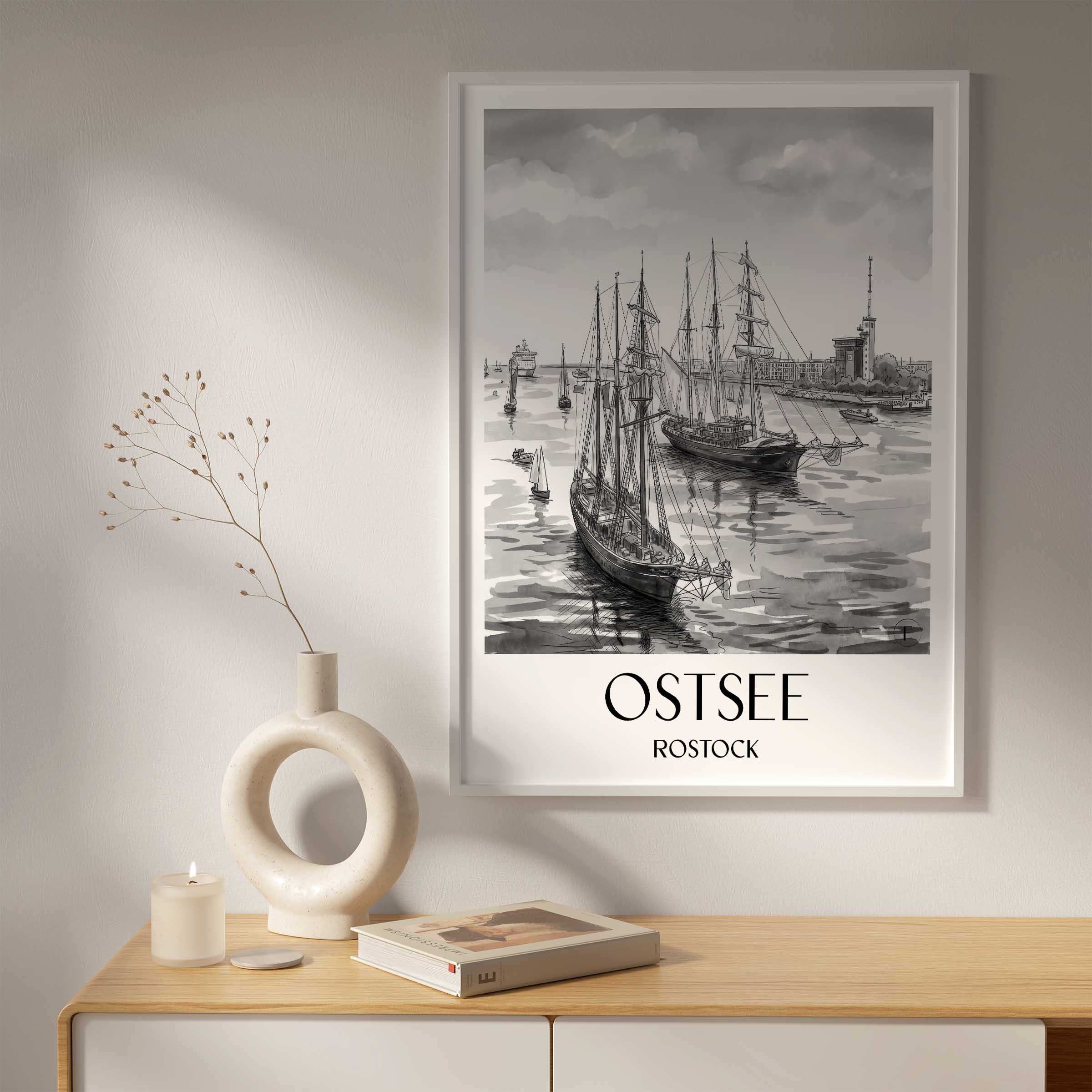 ostsee-rostock-deutschland-poster-aquarell-schwarz-weiss