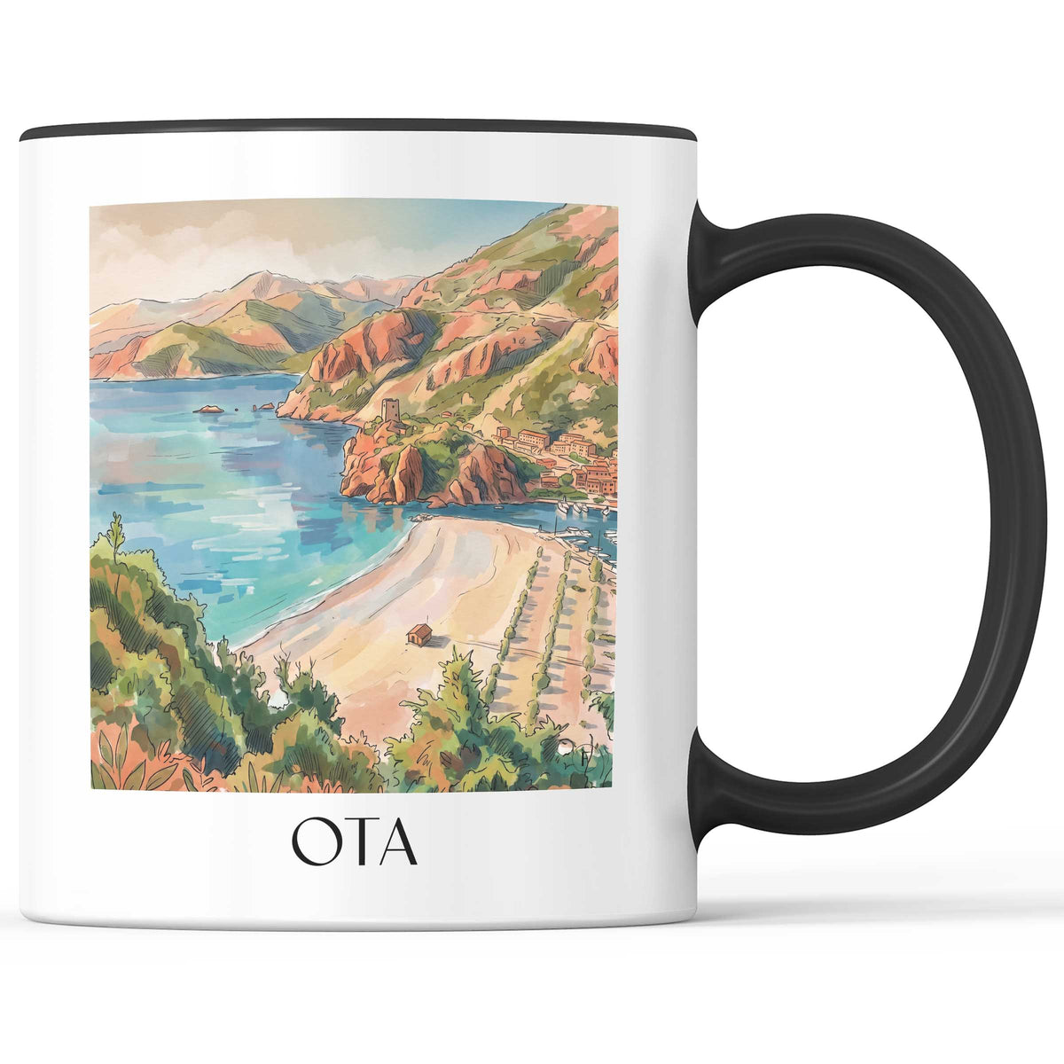 Ota Kaffeebecher - Korsika - Frankreich Becher - Kaffeetasse im Aquarell Stil