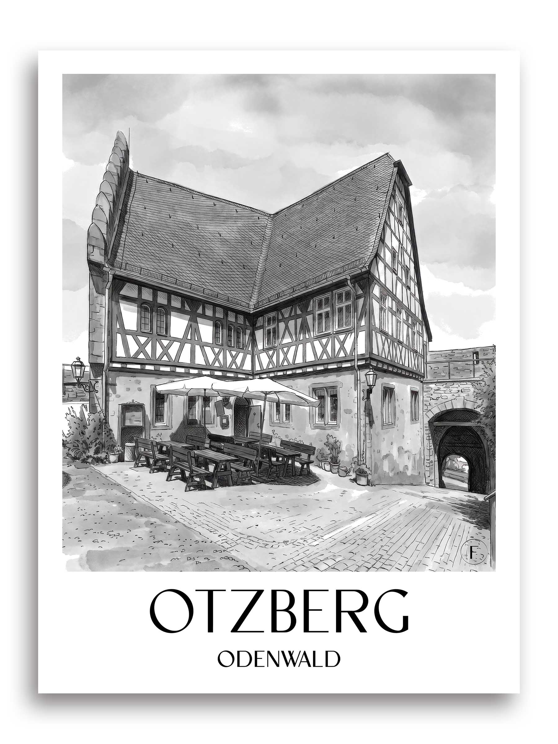 otzberg-odenwald-deutschland-poster-aquarell-schwarz-weiss