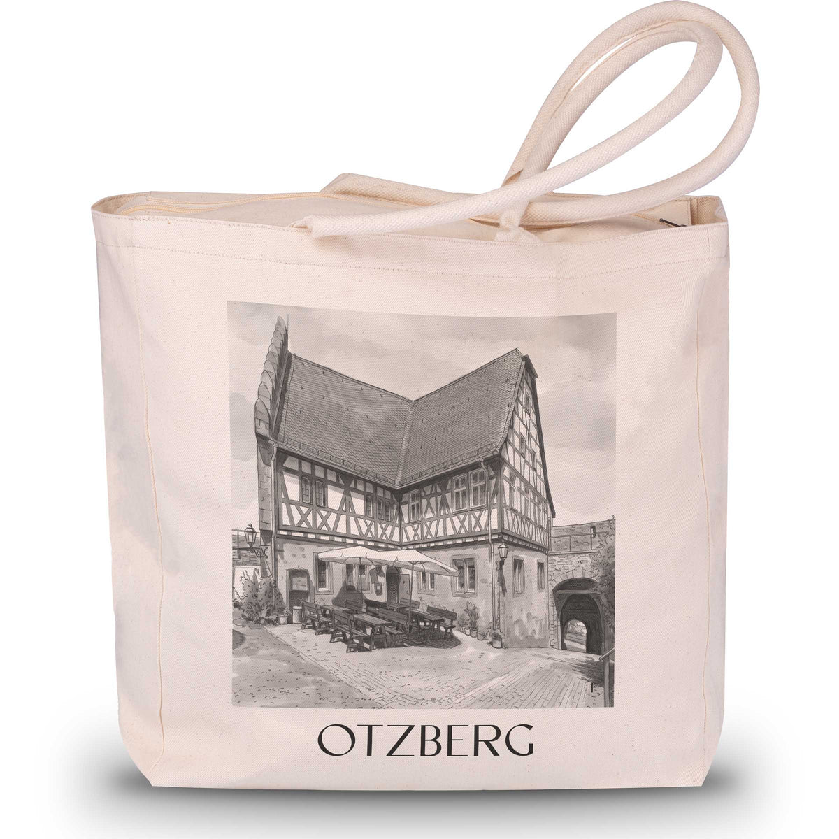 Otzberg Shopping Tasche - Odenwald - Deutschland Tote Bag - Einkaufstasche im Aquarell Schwarz-Weiß Stil - favplace