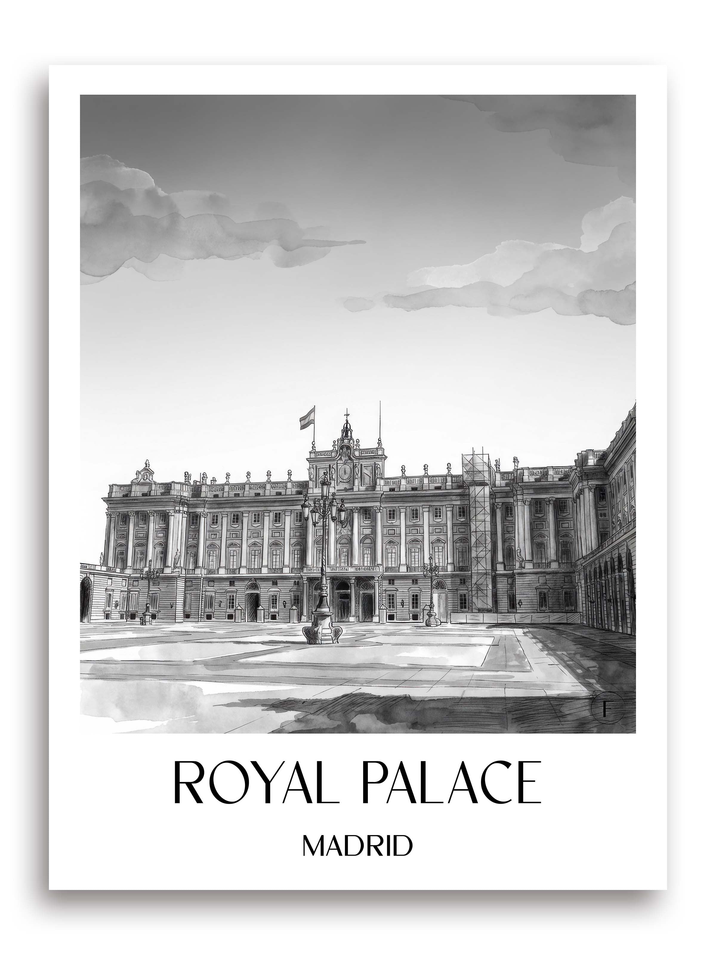 Palacio Real Poster - Madrid - Spanien Kunstdruck - Aquarell Schwarz-Weiß von A4 bis A1 - favplace